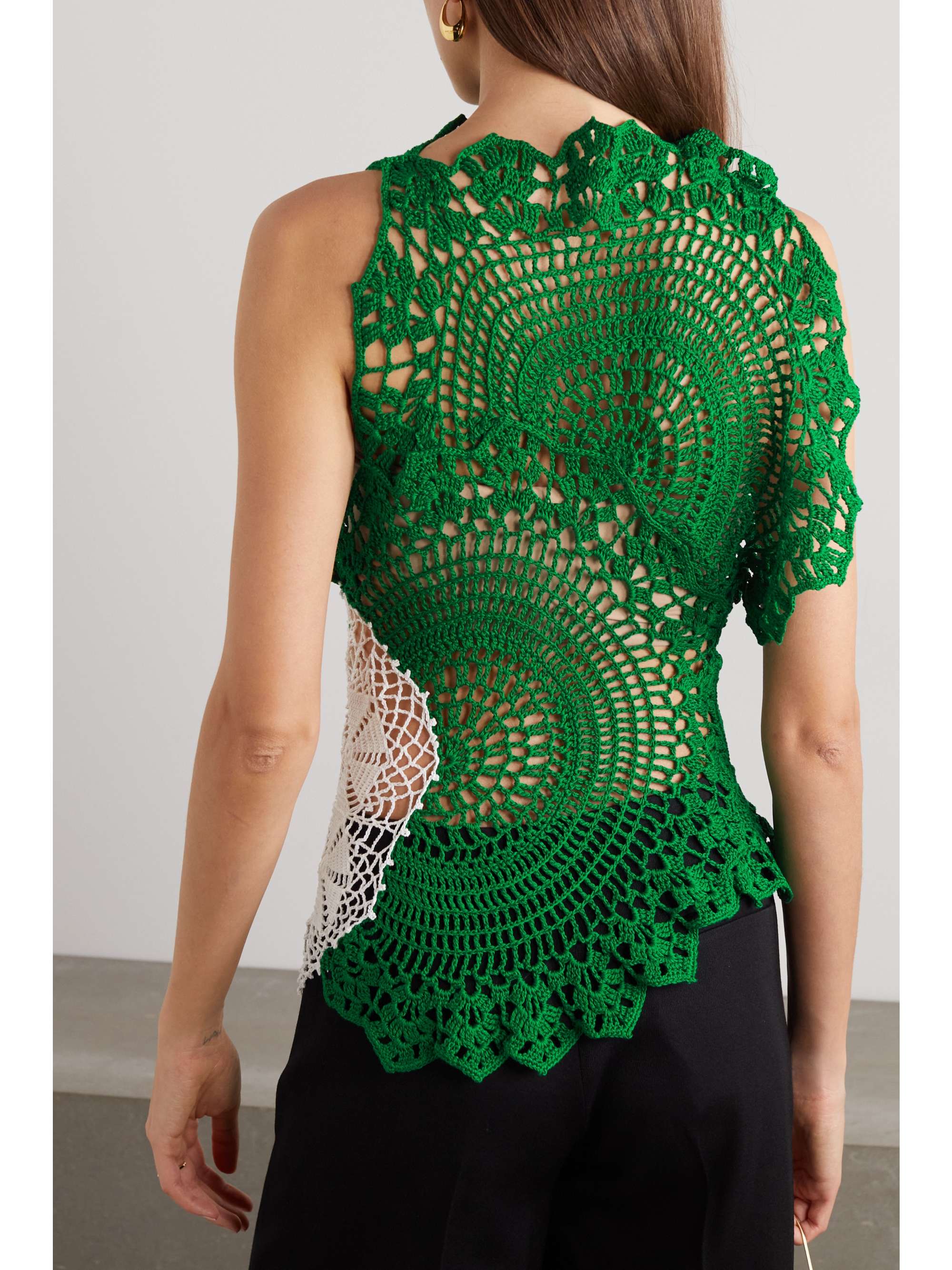 Christa asymmetric two-tone crocheted cotton top view