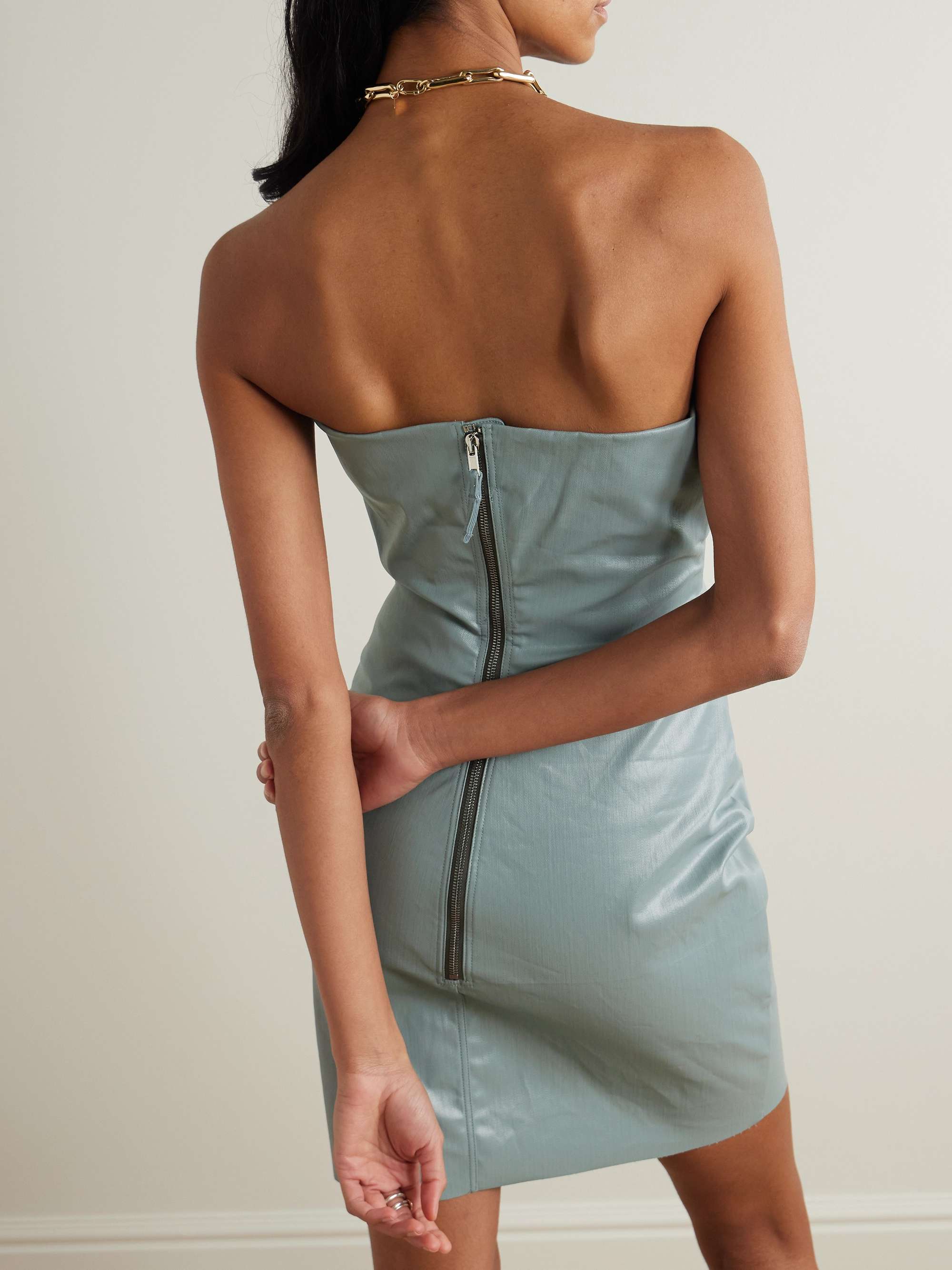 Strapless cutout coated-denim mini dress view
