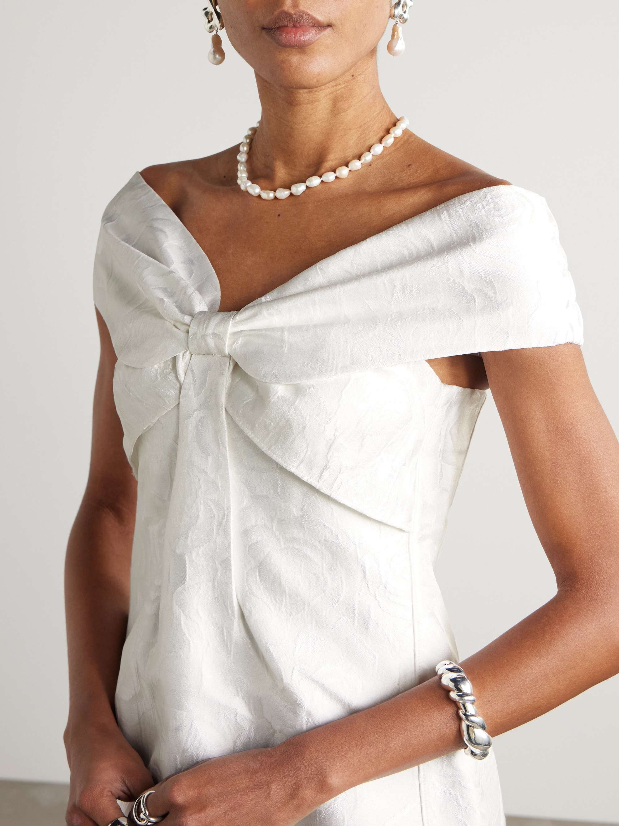 Cold-shoulder bow-embellished jacquard mini dress view
