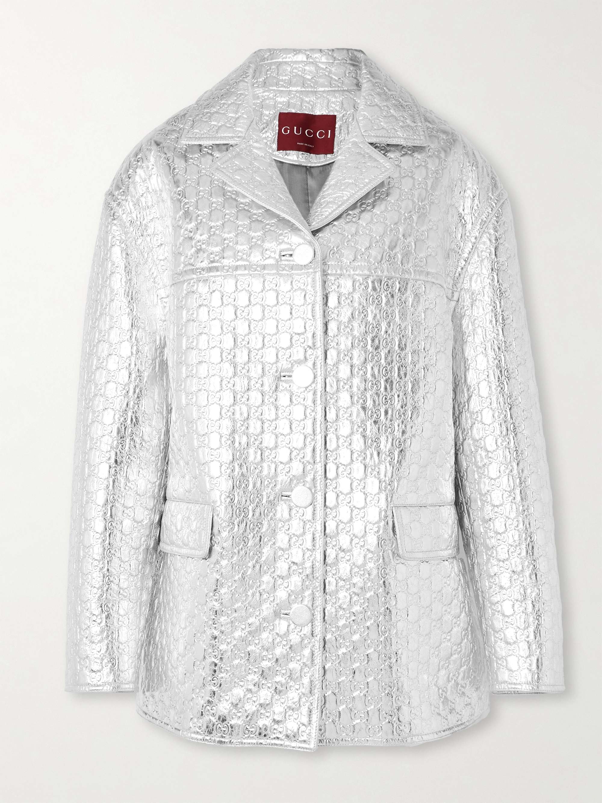 Oversized debossed metallic leather jacket view