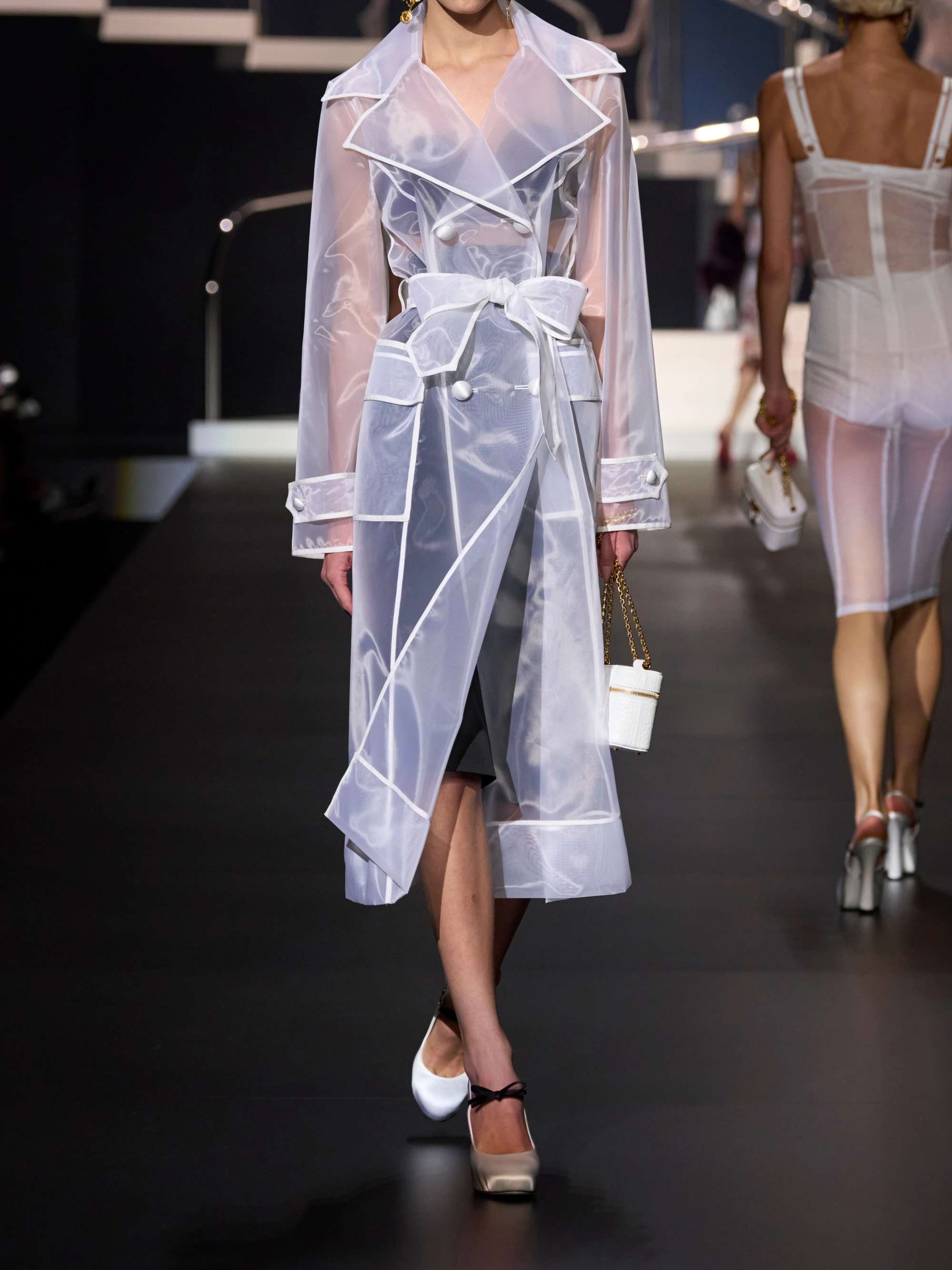Double-breasted belted organza trench coat view