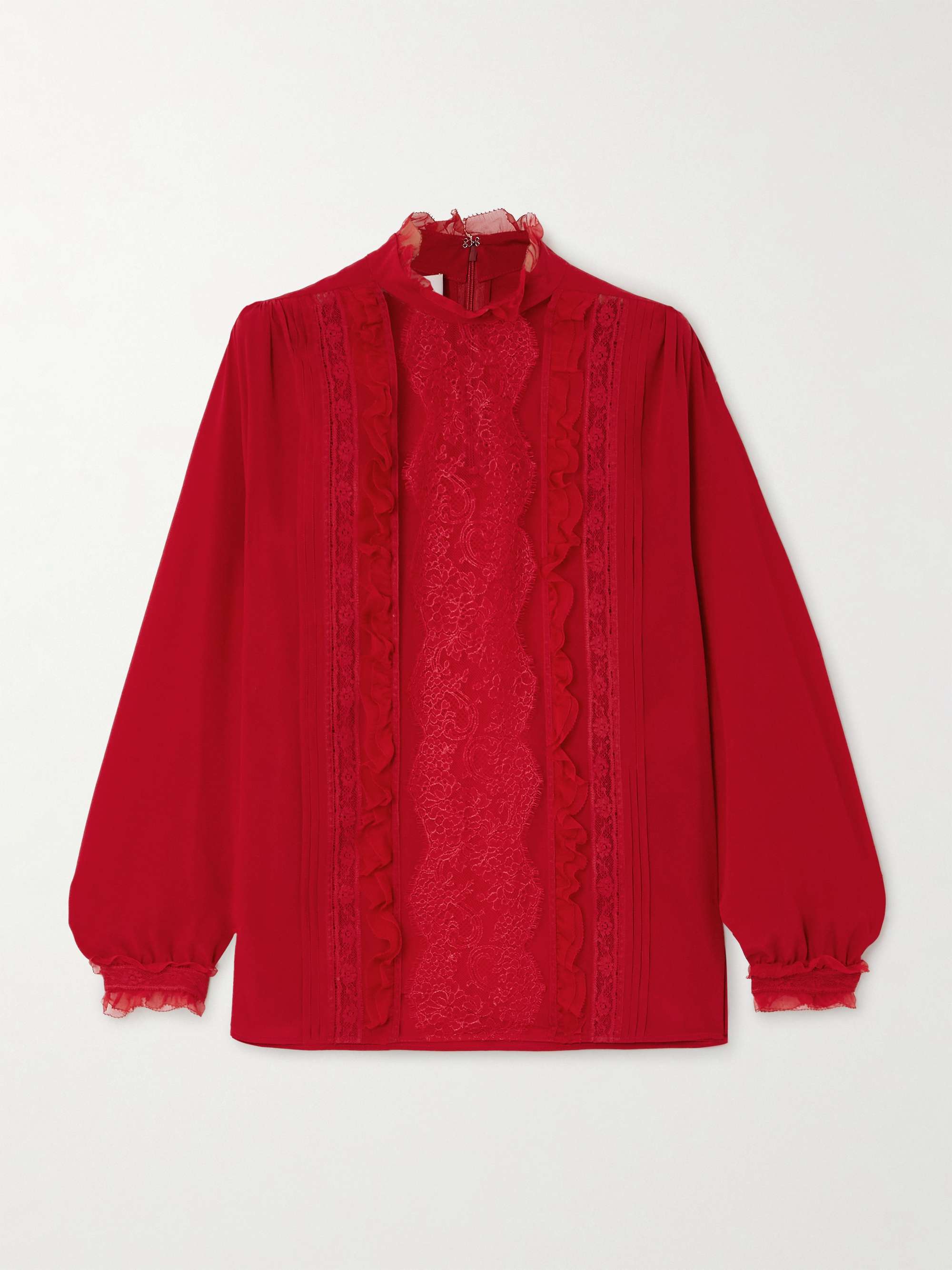 Ruffled pintucked lace-trimmed silk crepe de chine blouse view