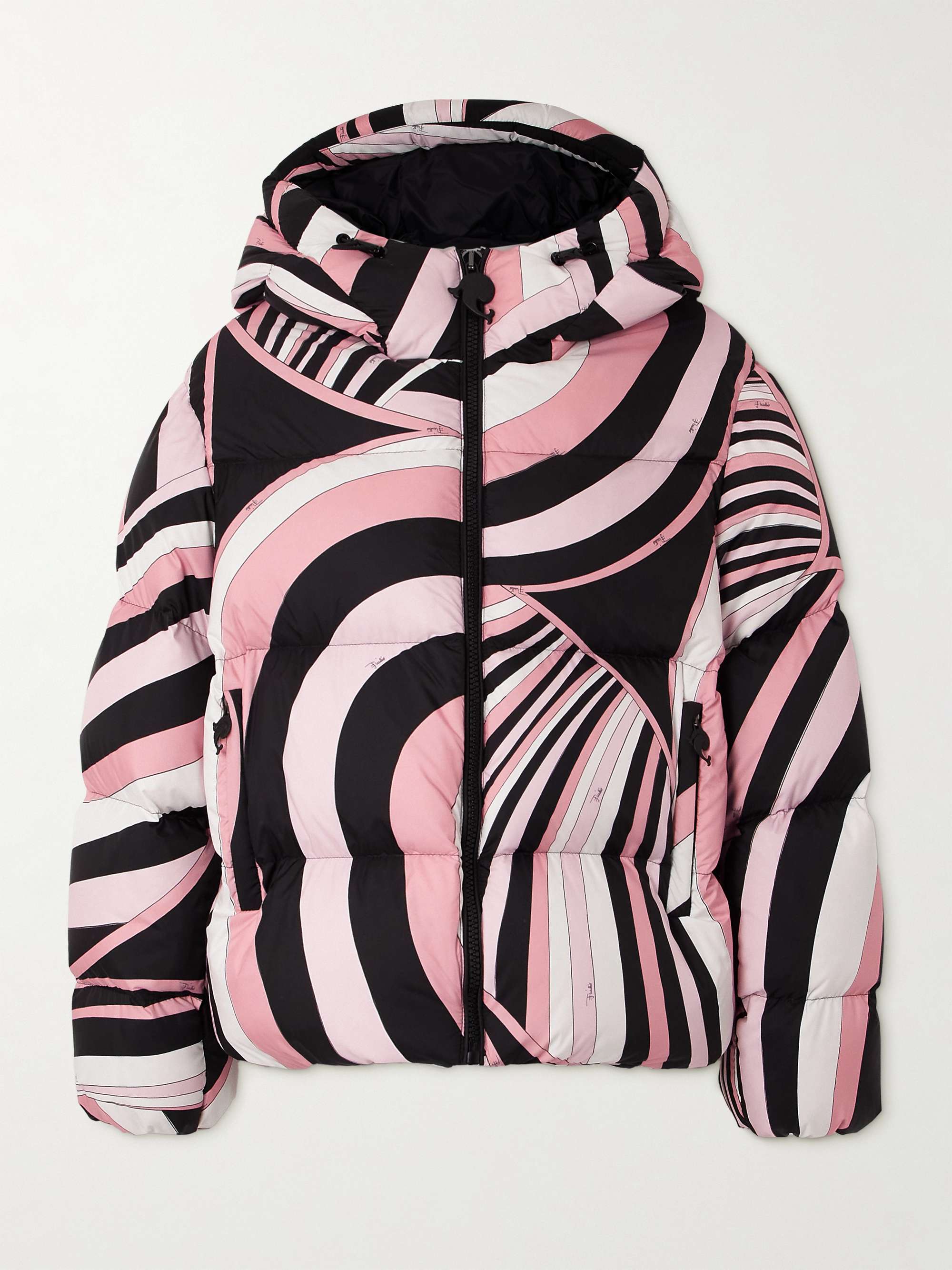 Printed quilted shell hooded down jacket view