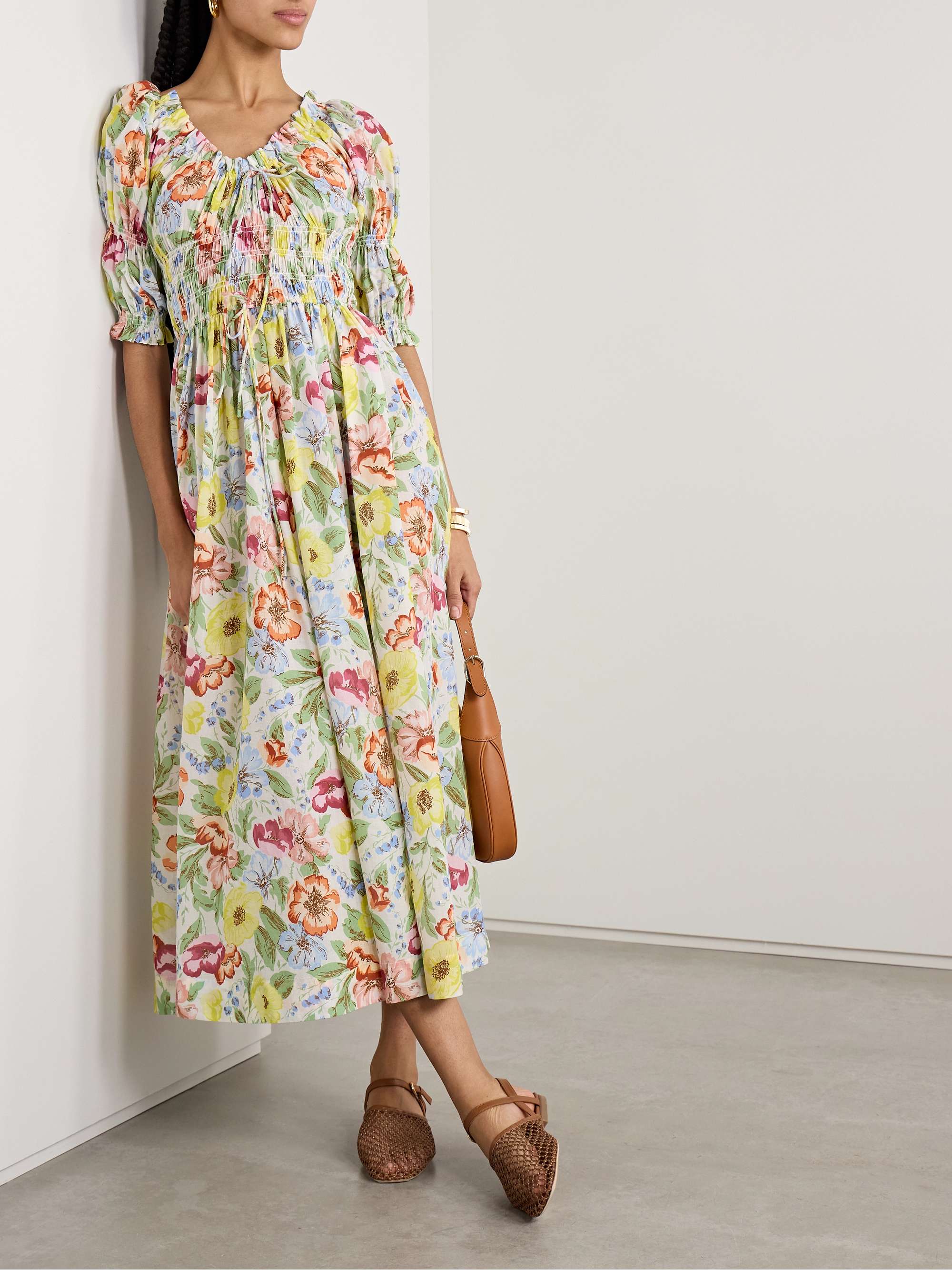 Ischia shirred floral-print cotton-voile midi dress view