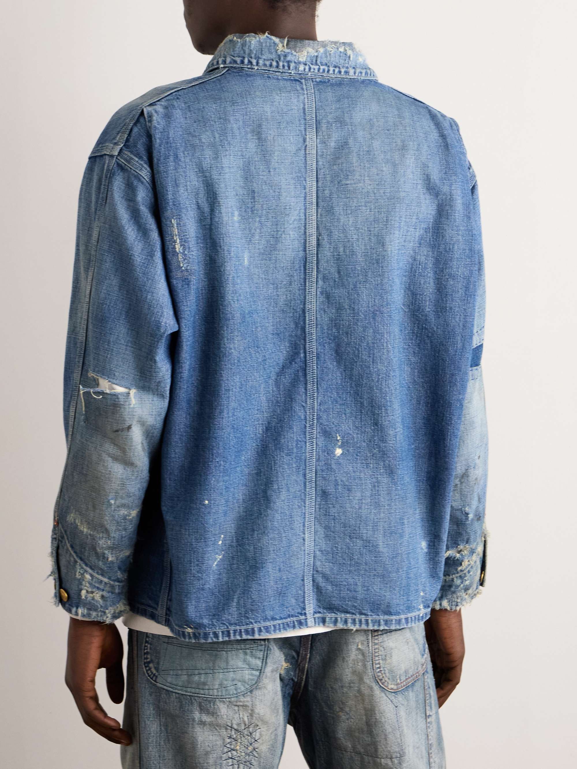 Logo-Appliqued Distressed Denim Jacket view