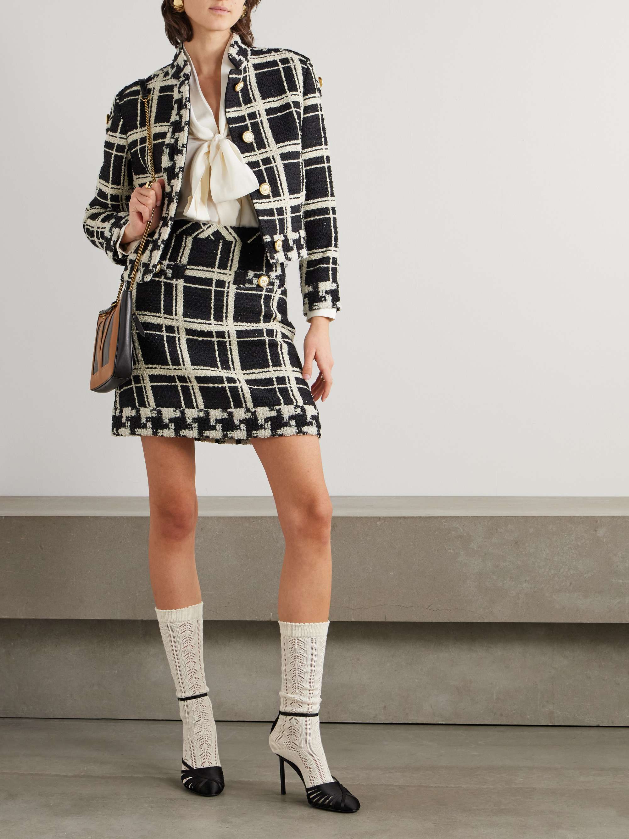 Cropped checked wool-blend tweed jacket view