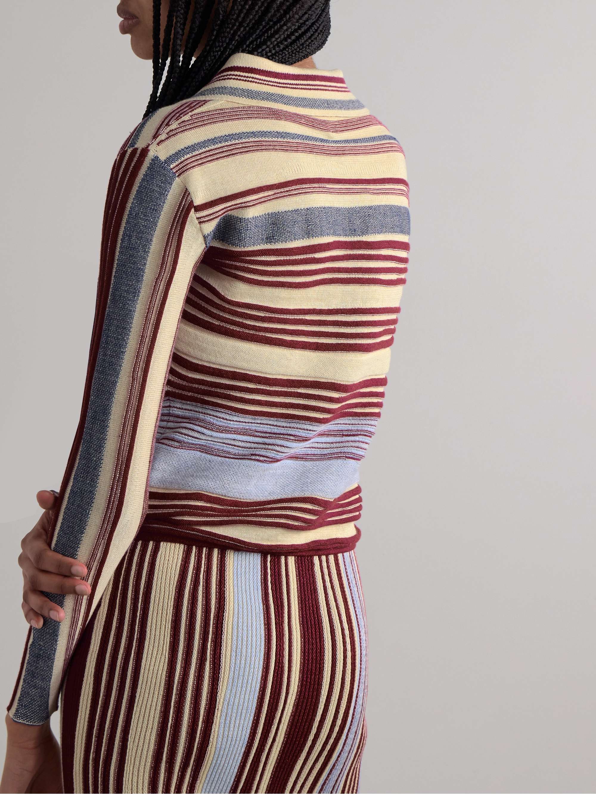 Striped jacquard-knit linen-blend polo sweater view