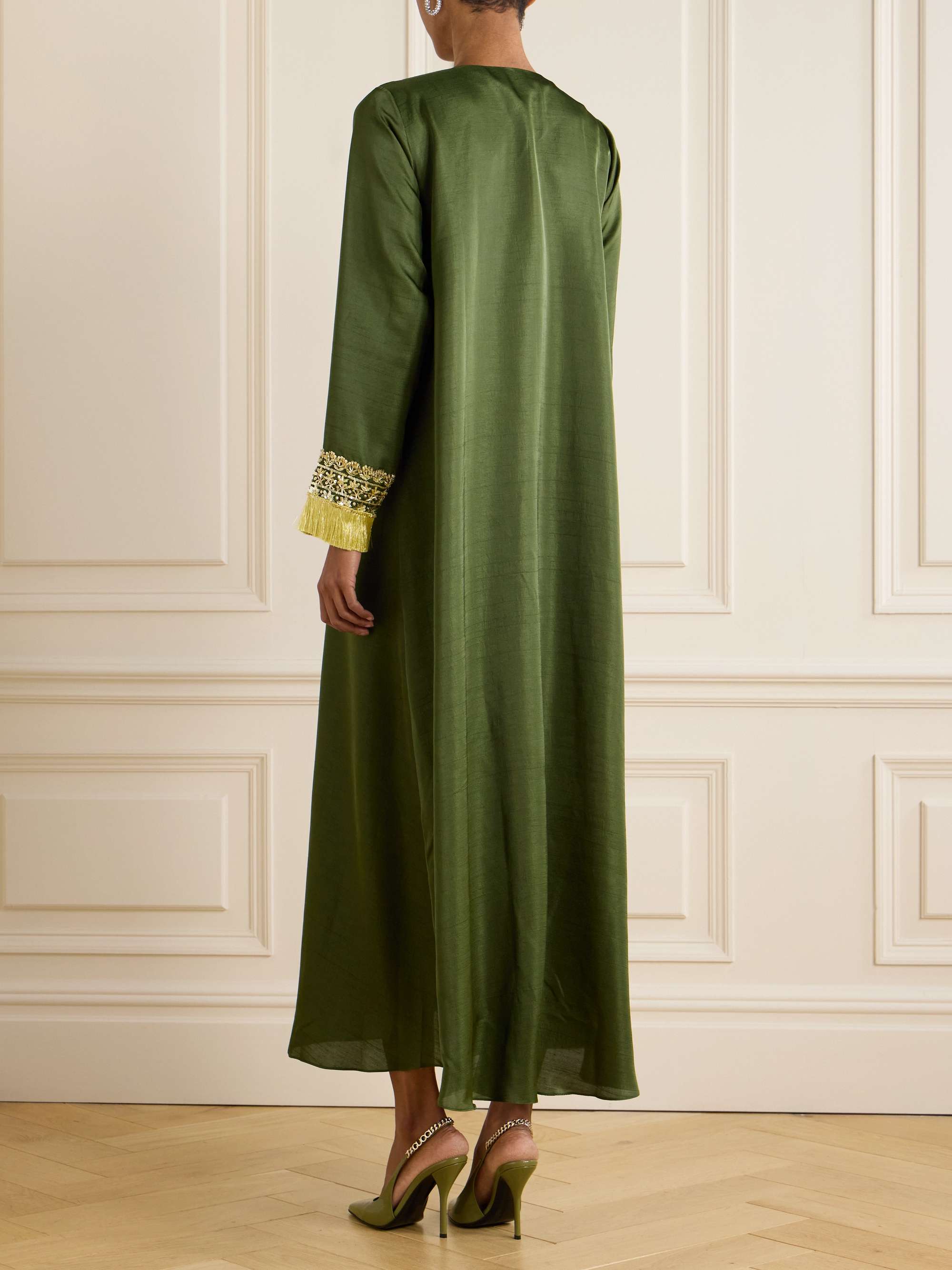 Fringed embellished embroidered silk-blend gown view