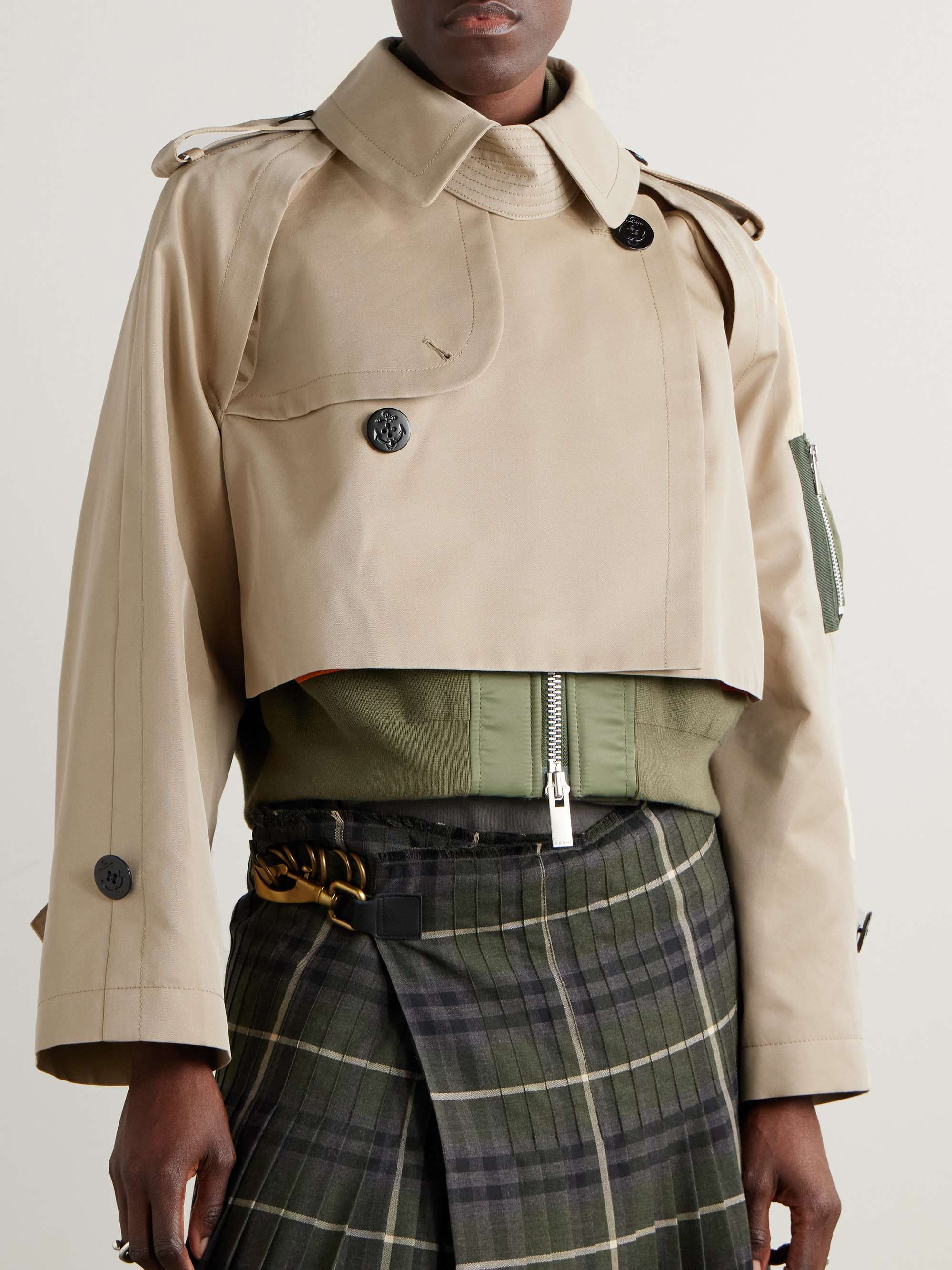 Layered shell-trimmed cotton-blend gabardine and knitted jacket view