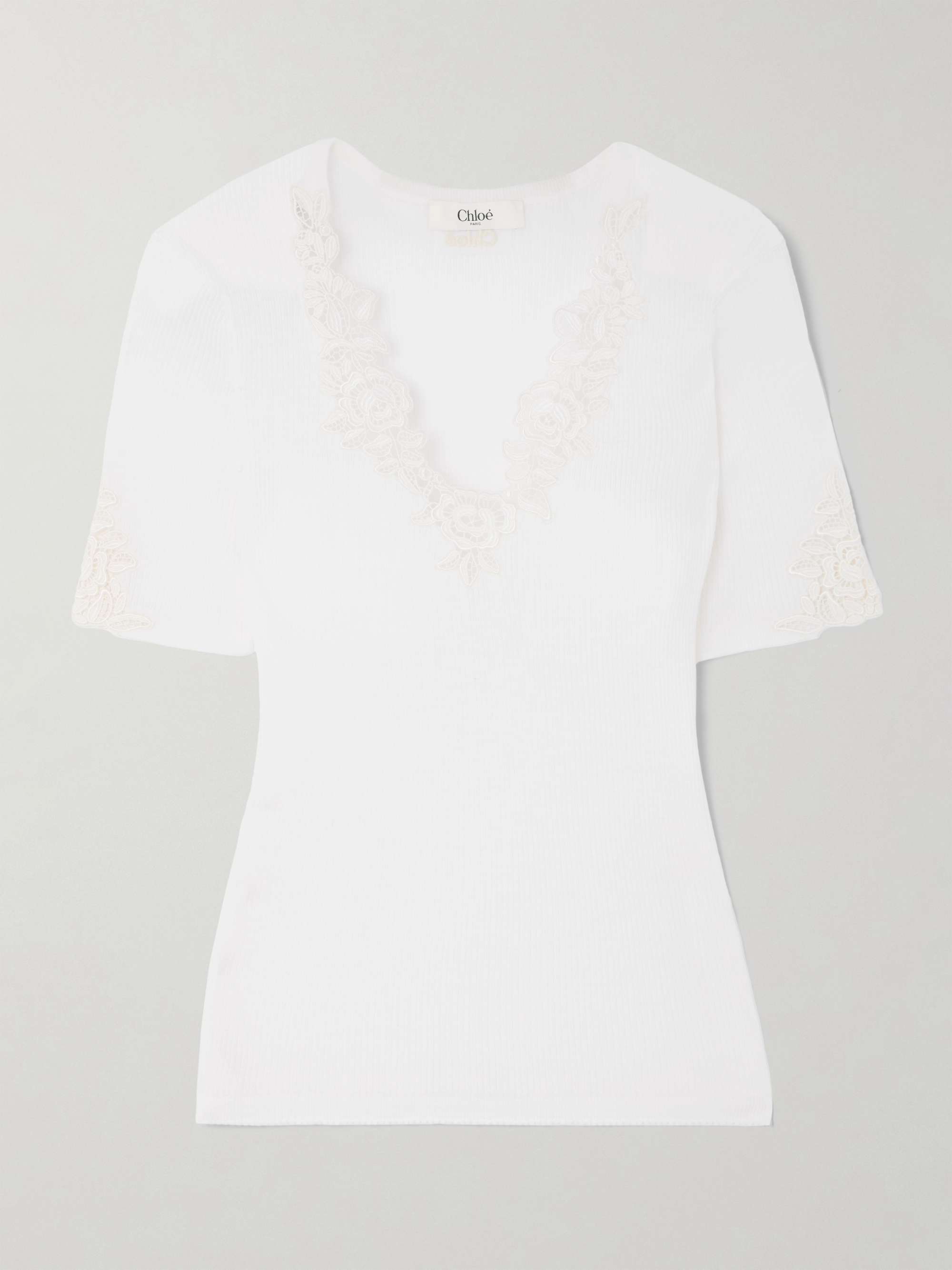 Lace-trimmed ribbed wool top view
