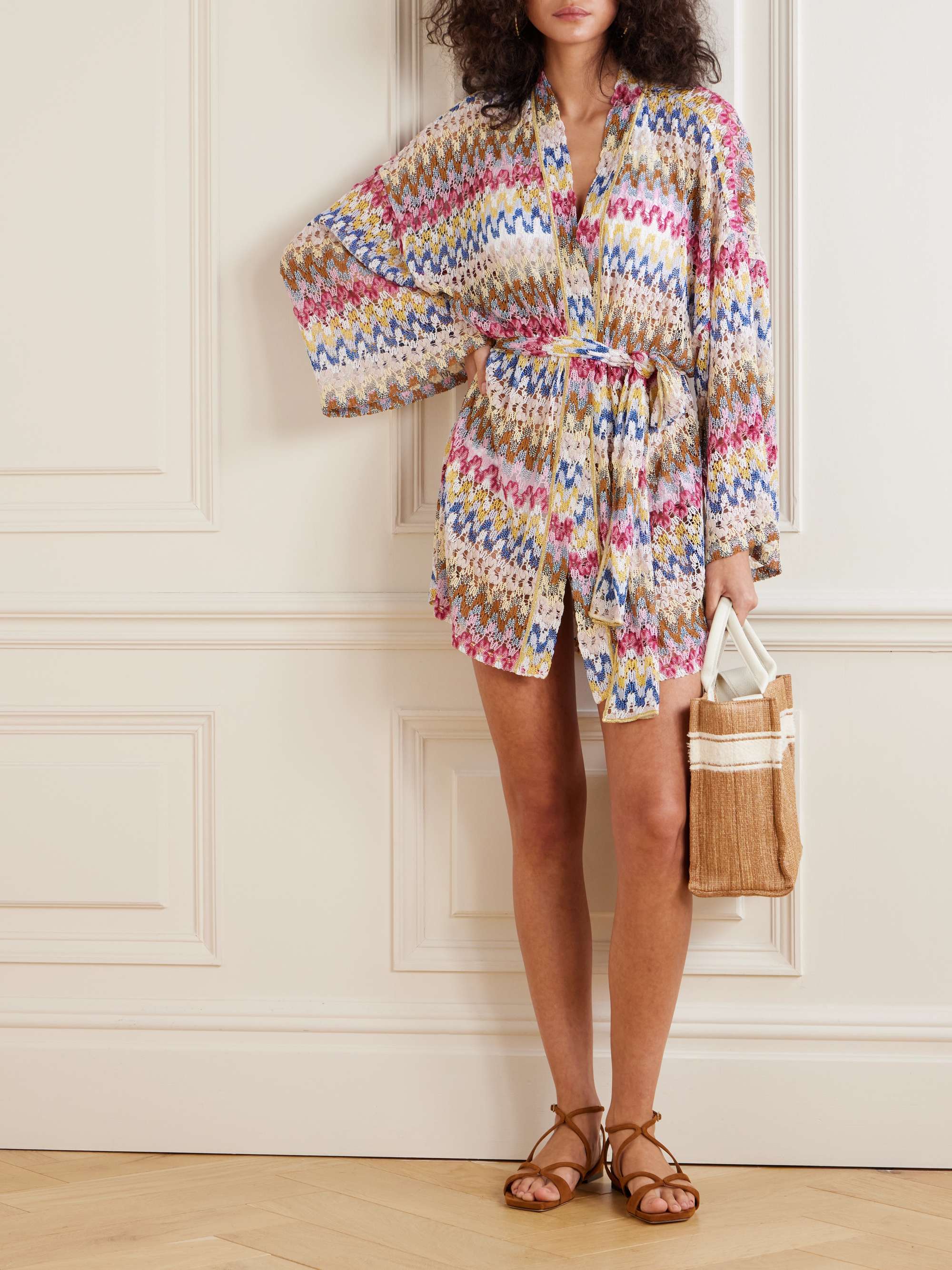 Belted metallic crochet-knit kaftan view