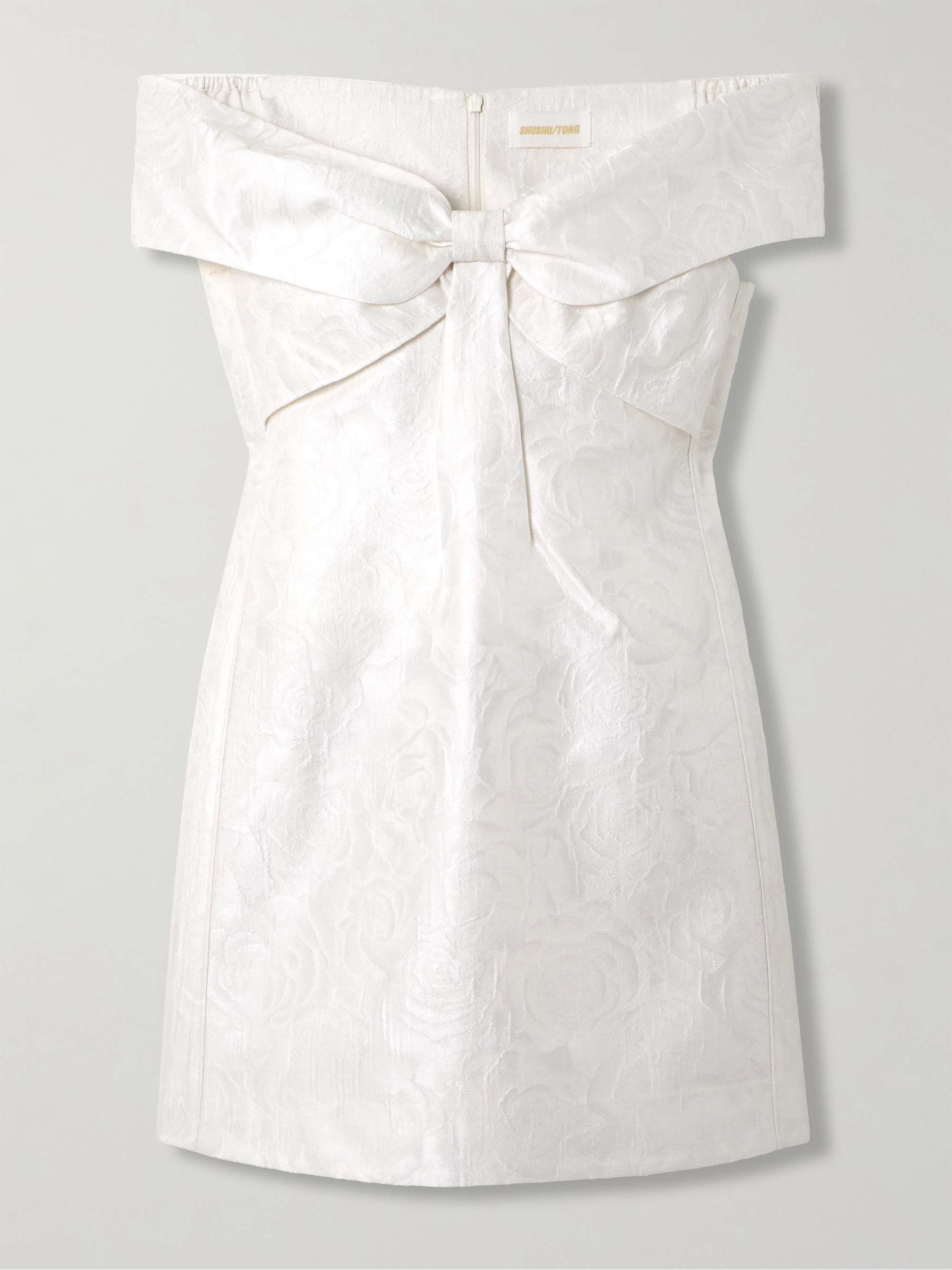 Cold-shoulder bow-embellished jacquard mini dress view