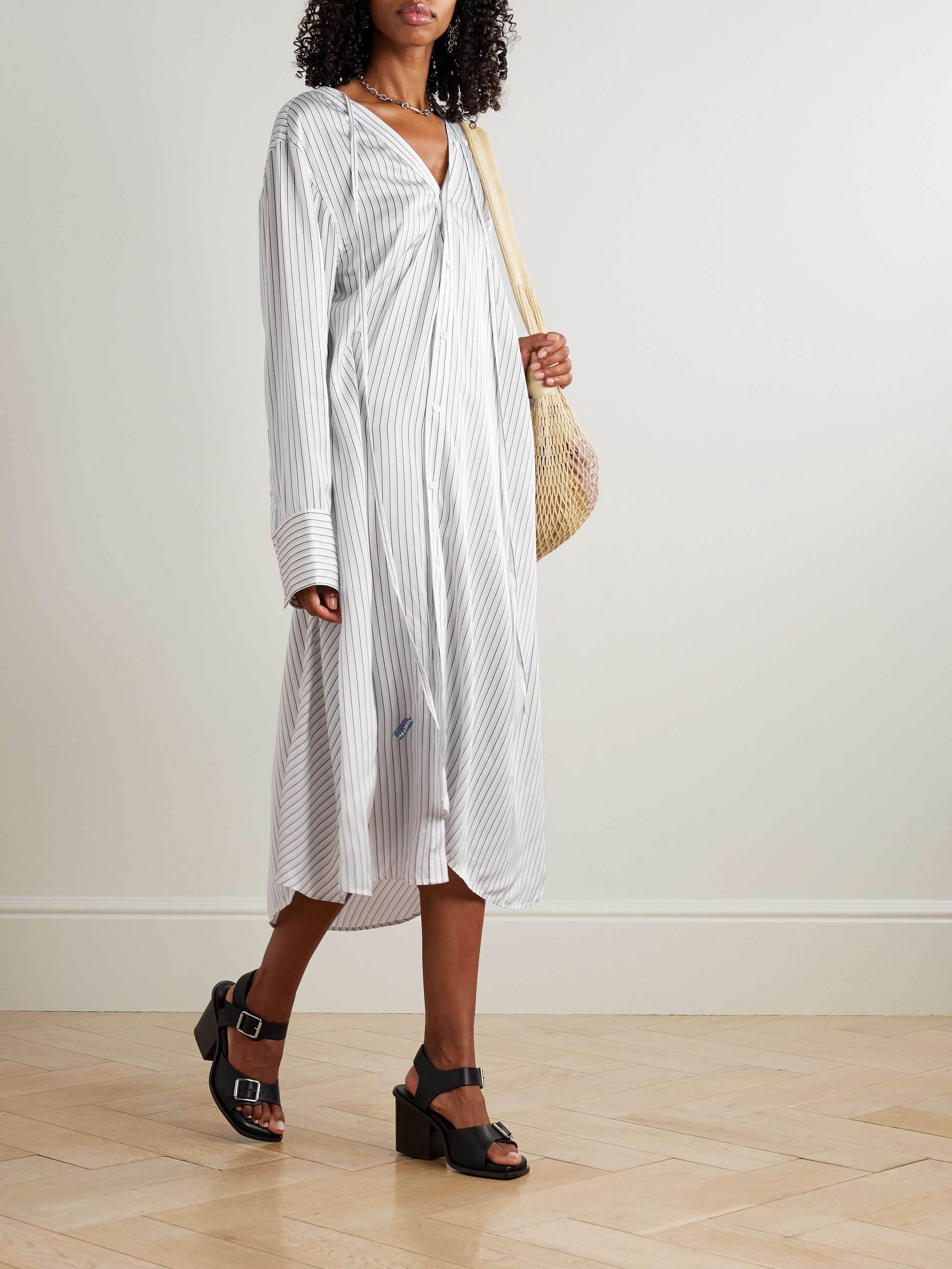 Asymmetric printed striped satin midi dress view