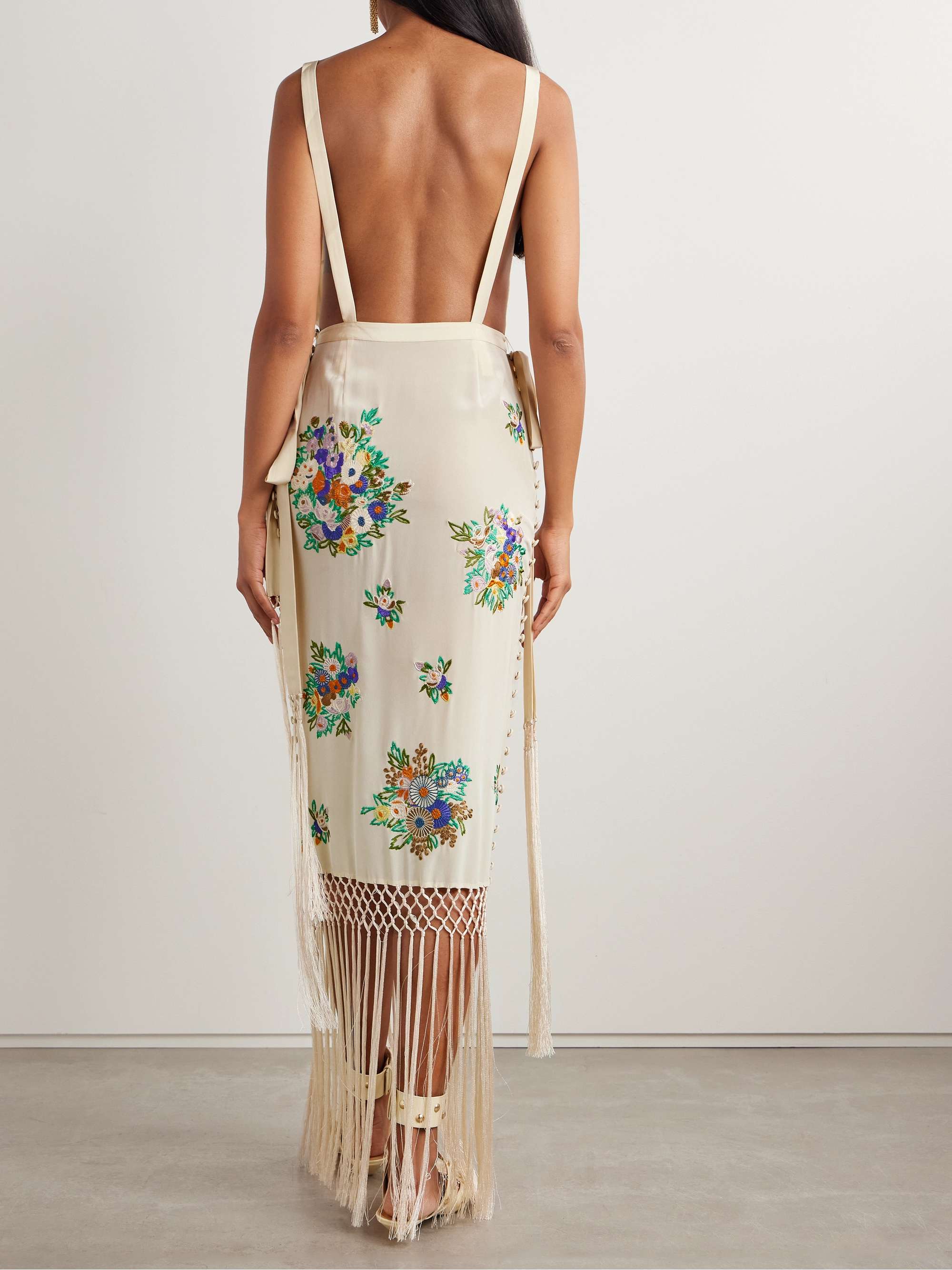 Fringed embroidered silk crepe de chine midi dress view