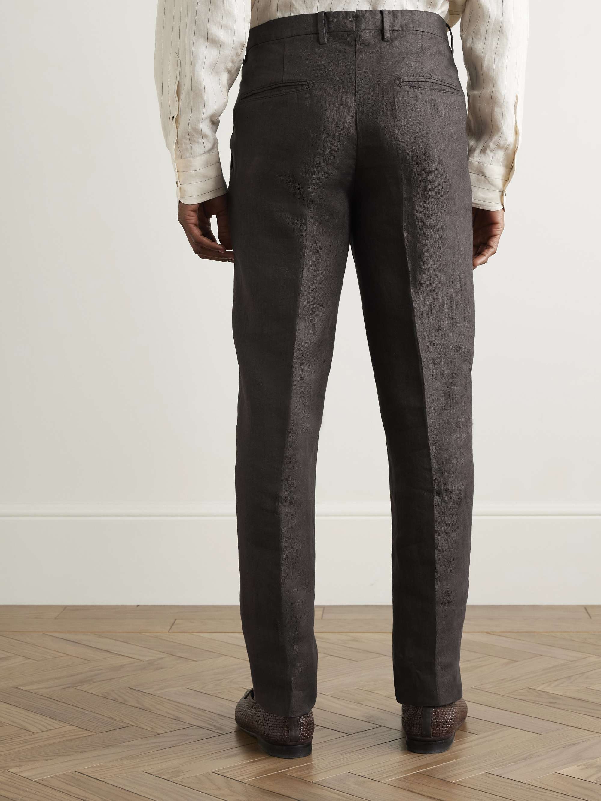 Straight-Leg Pleated Herringbone Linen Suit Trousers view