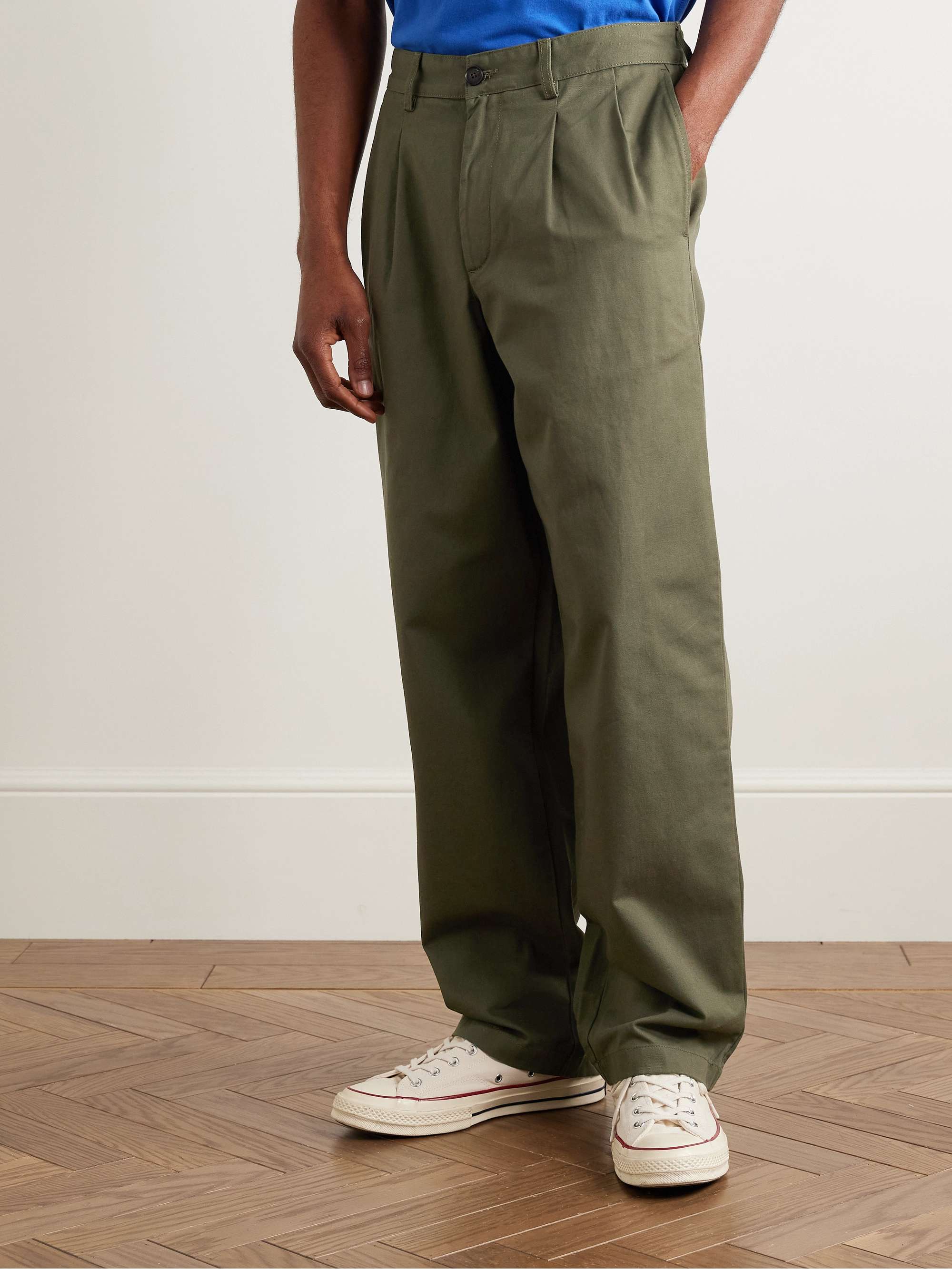 Straight-Leg Pleated Cotton-Twill Trousers view