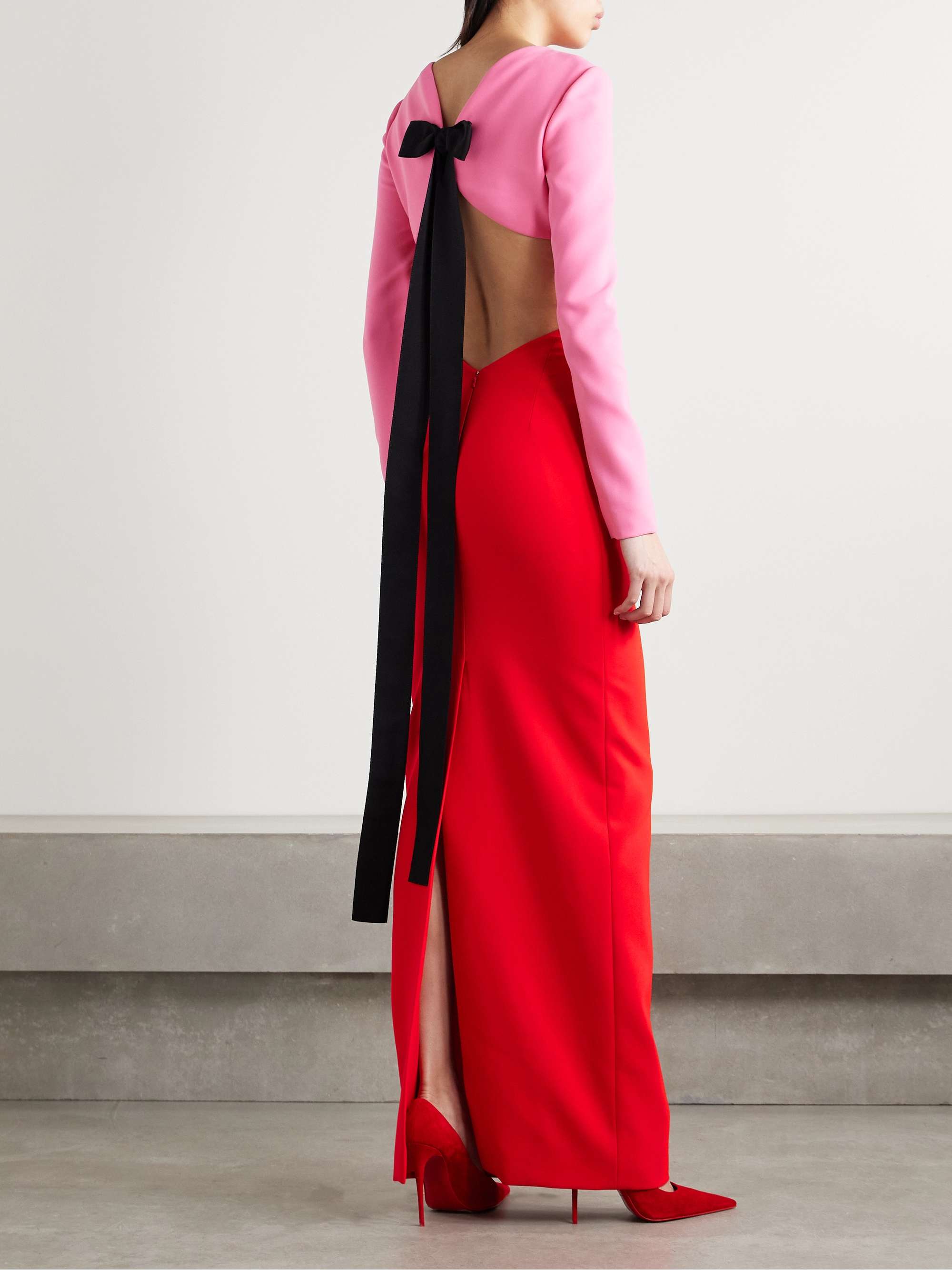 Cutout bow-embellished two-tone crepe gown view