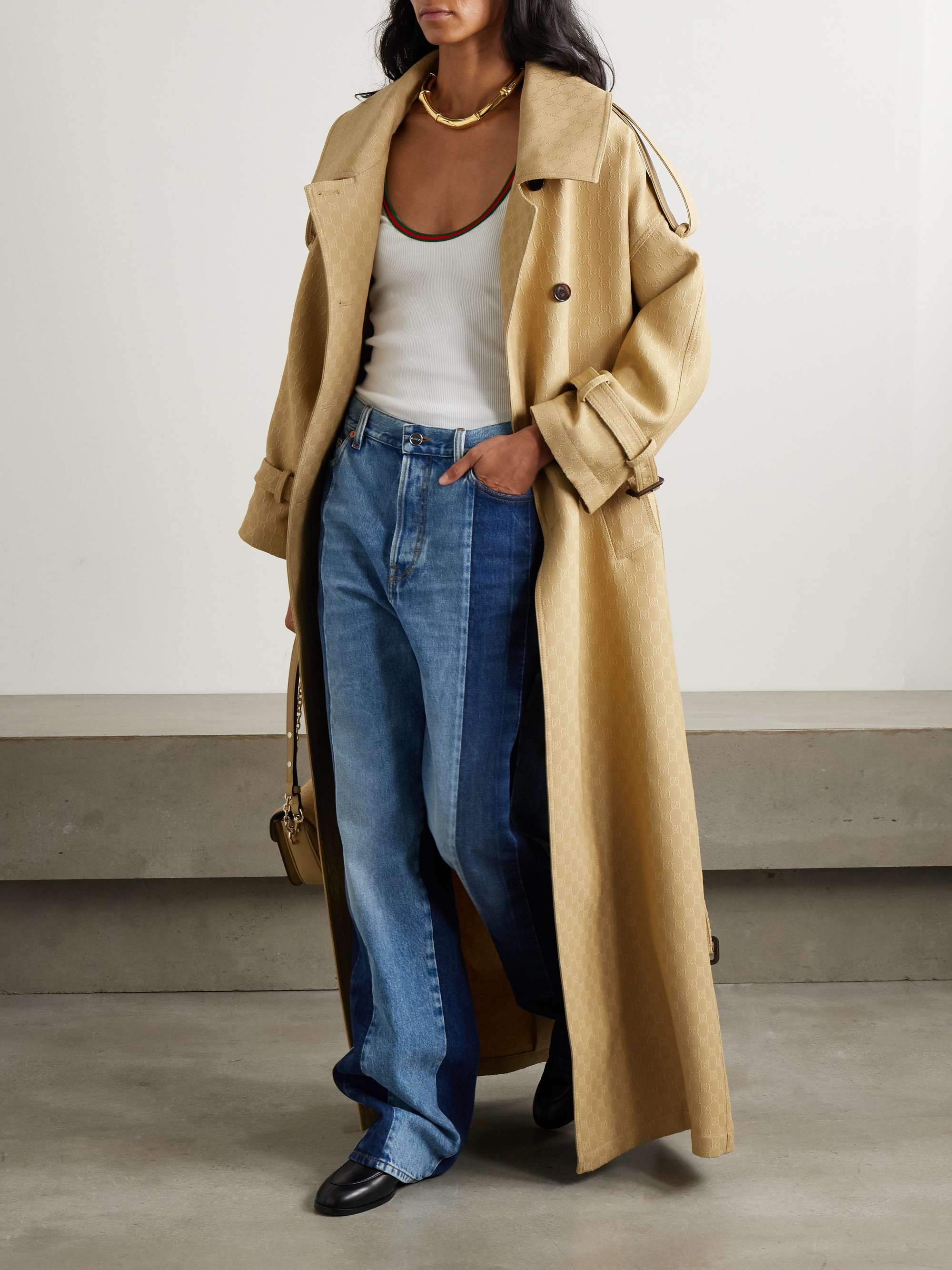 Oversized double-breasted belted wool and silk-blend jacquard trench coat view