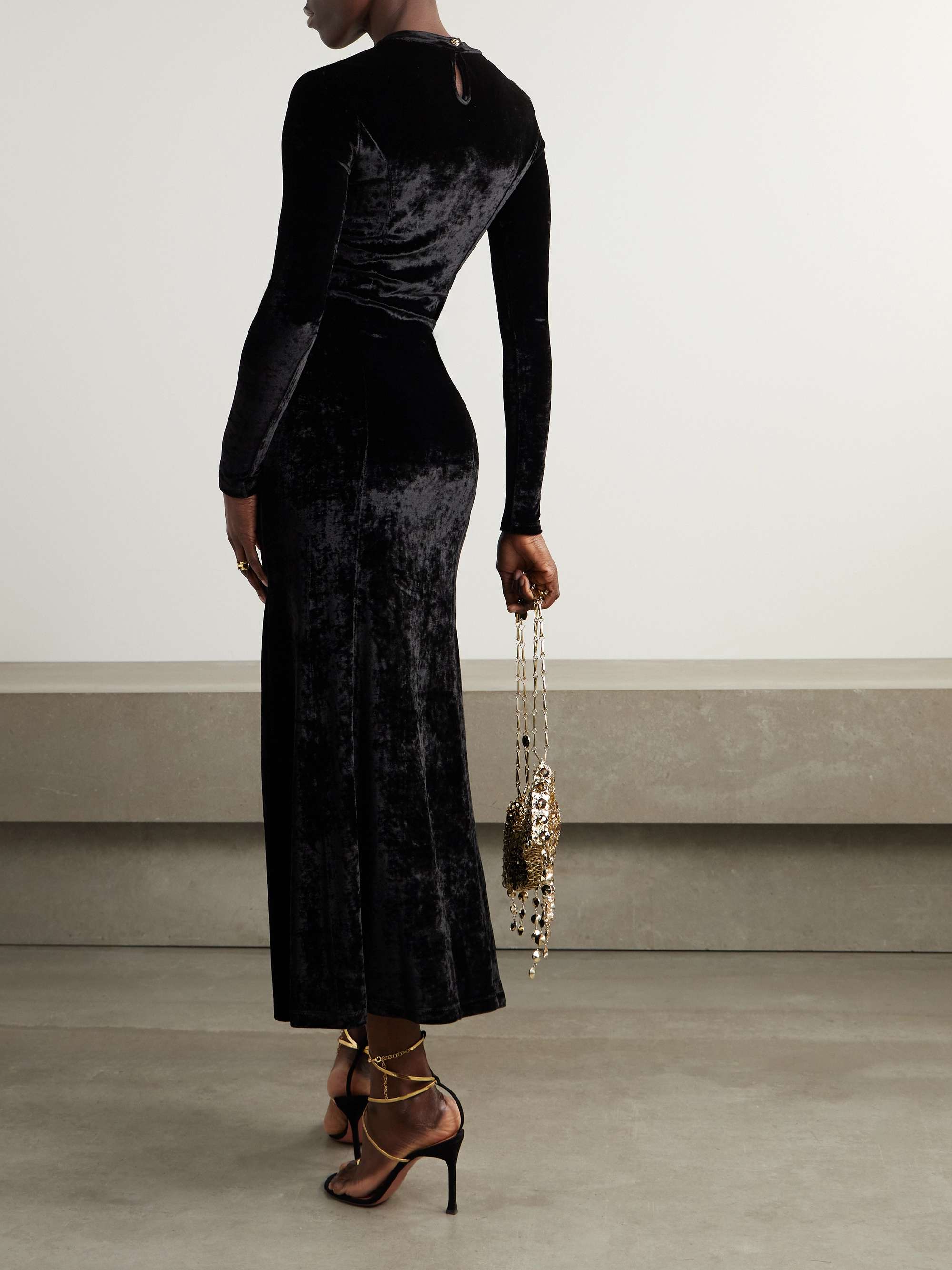 Gathered embellished velvet maxi dress view