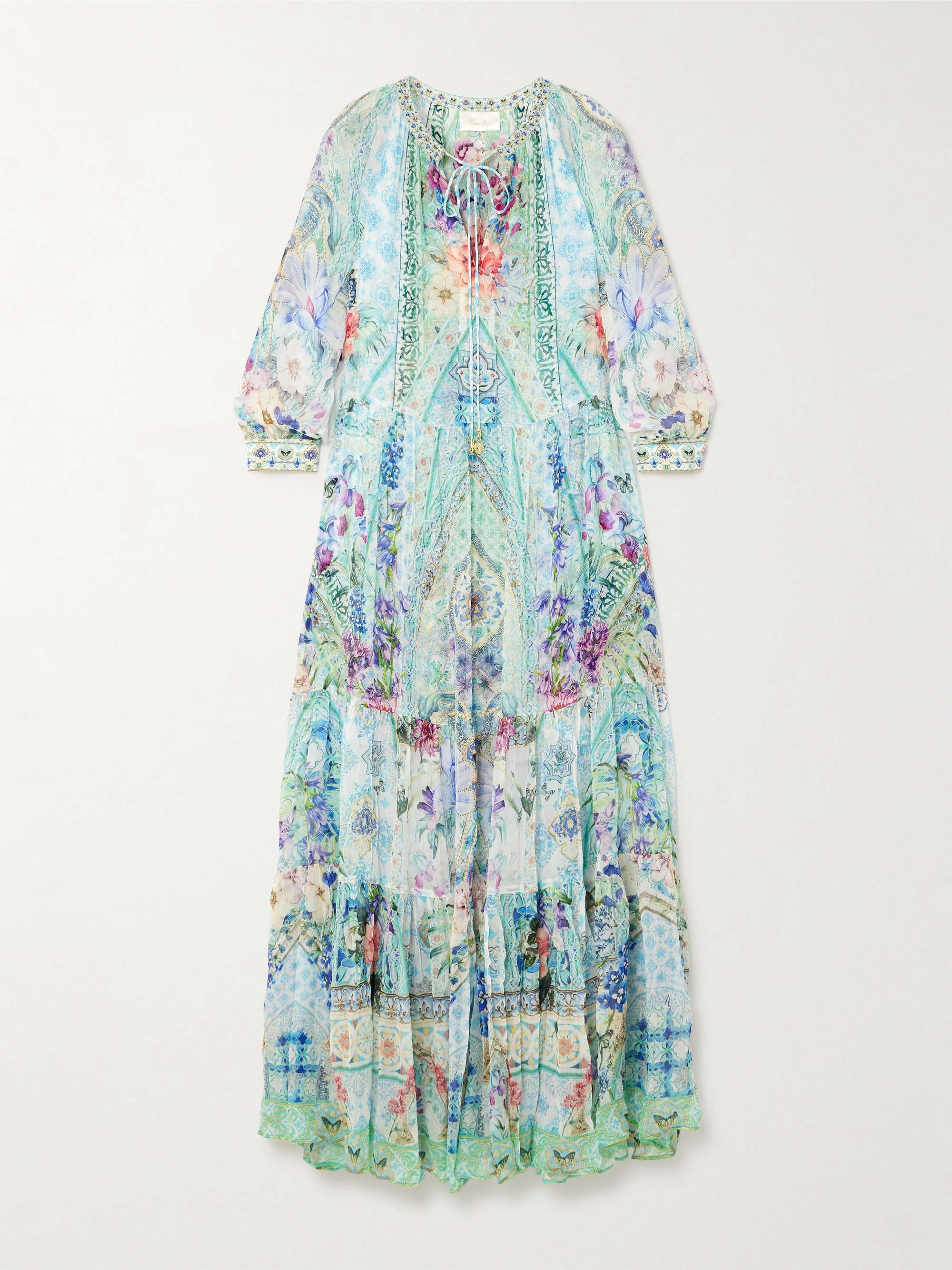Embellished tiered printed silk-crepon maxi dress view