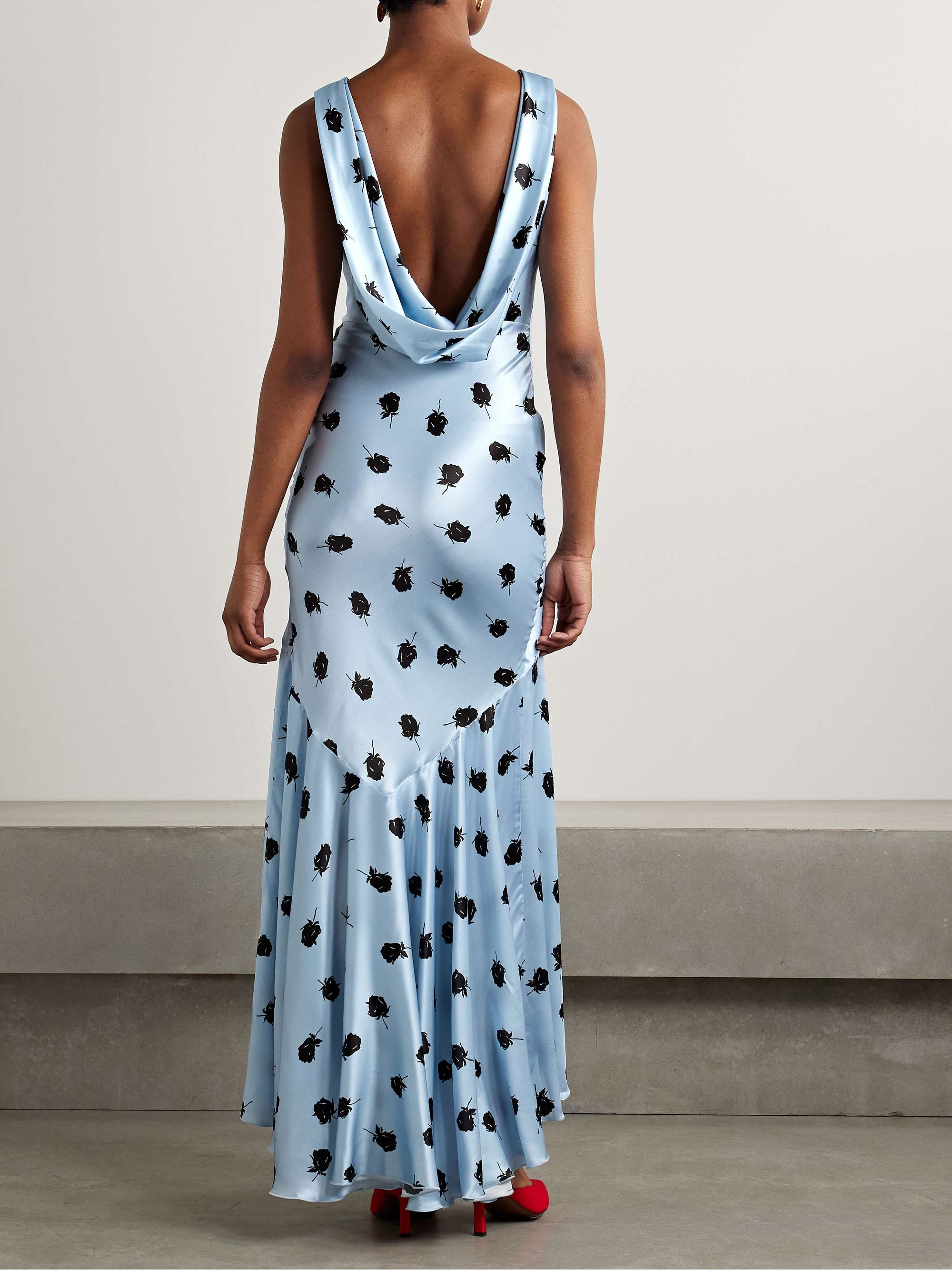 Open-back draped floral-print satin maxi dress view