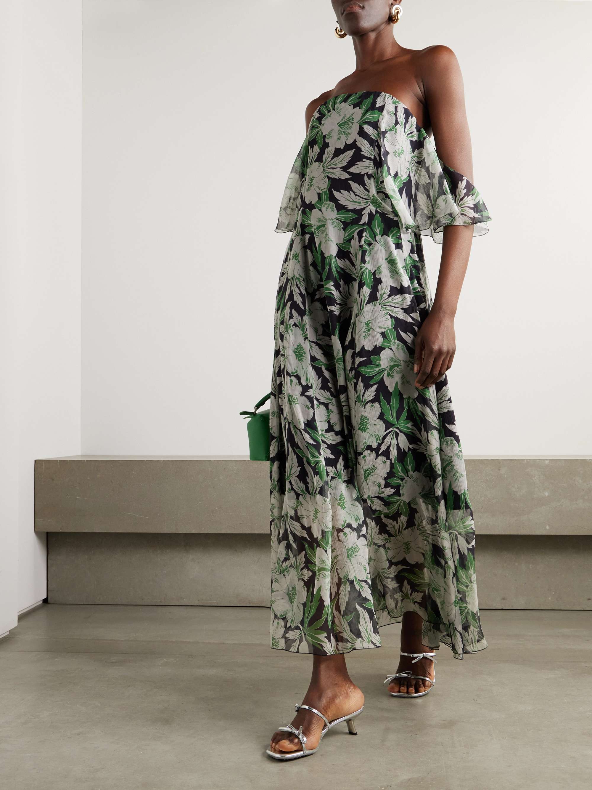 Off-the-shoulder floral-print silk-crepon midi dress view