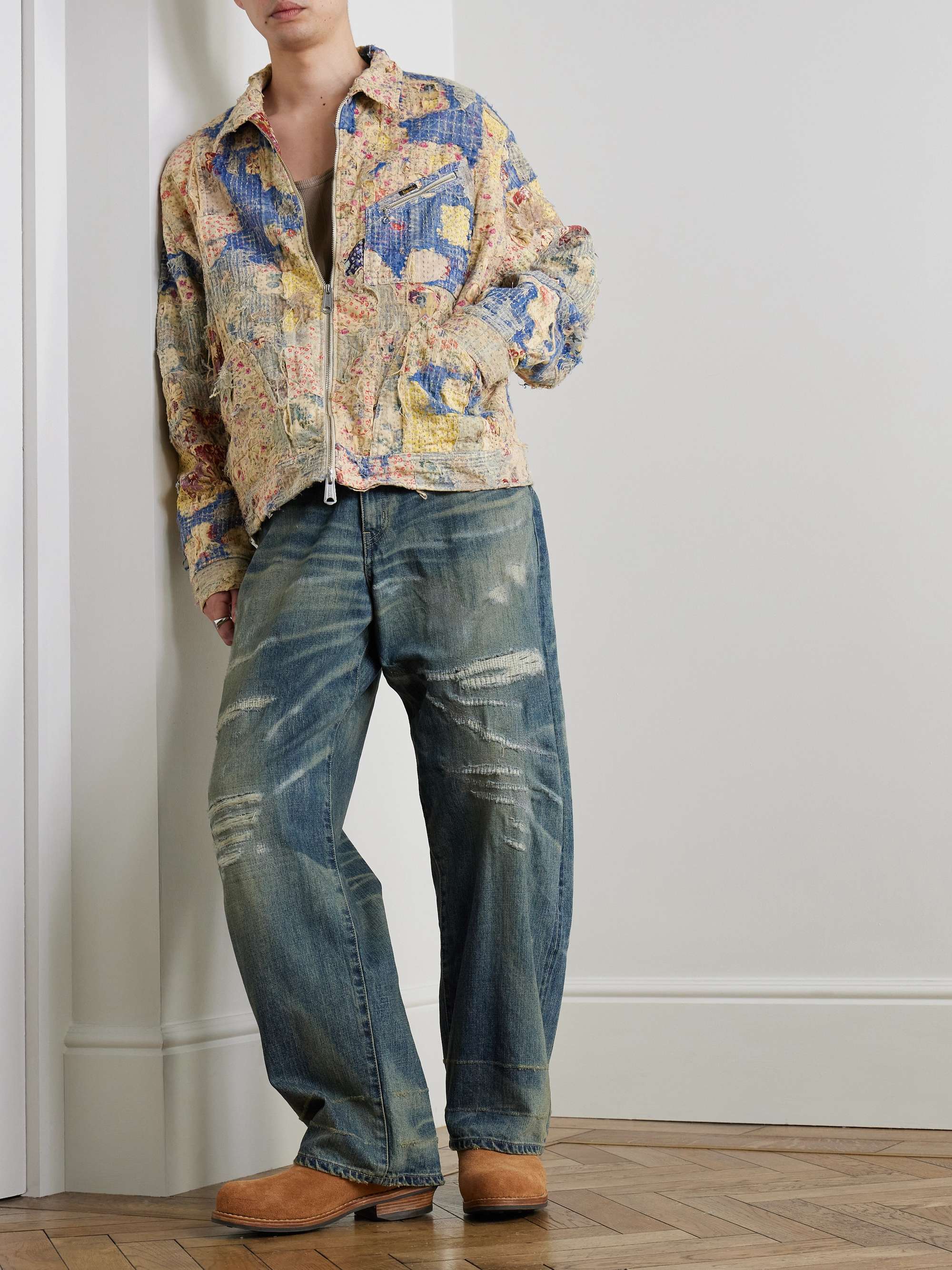 Boro Distressed Patchwork Cotton and Linen-Blend Zip-Up Jacket view