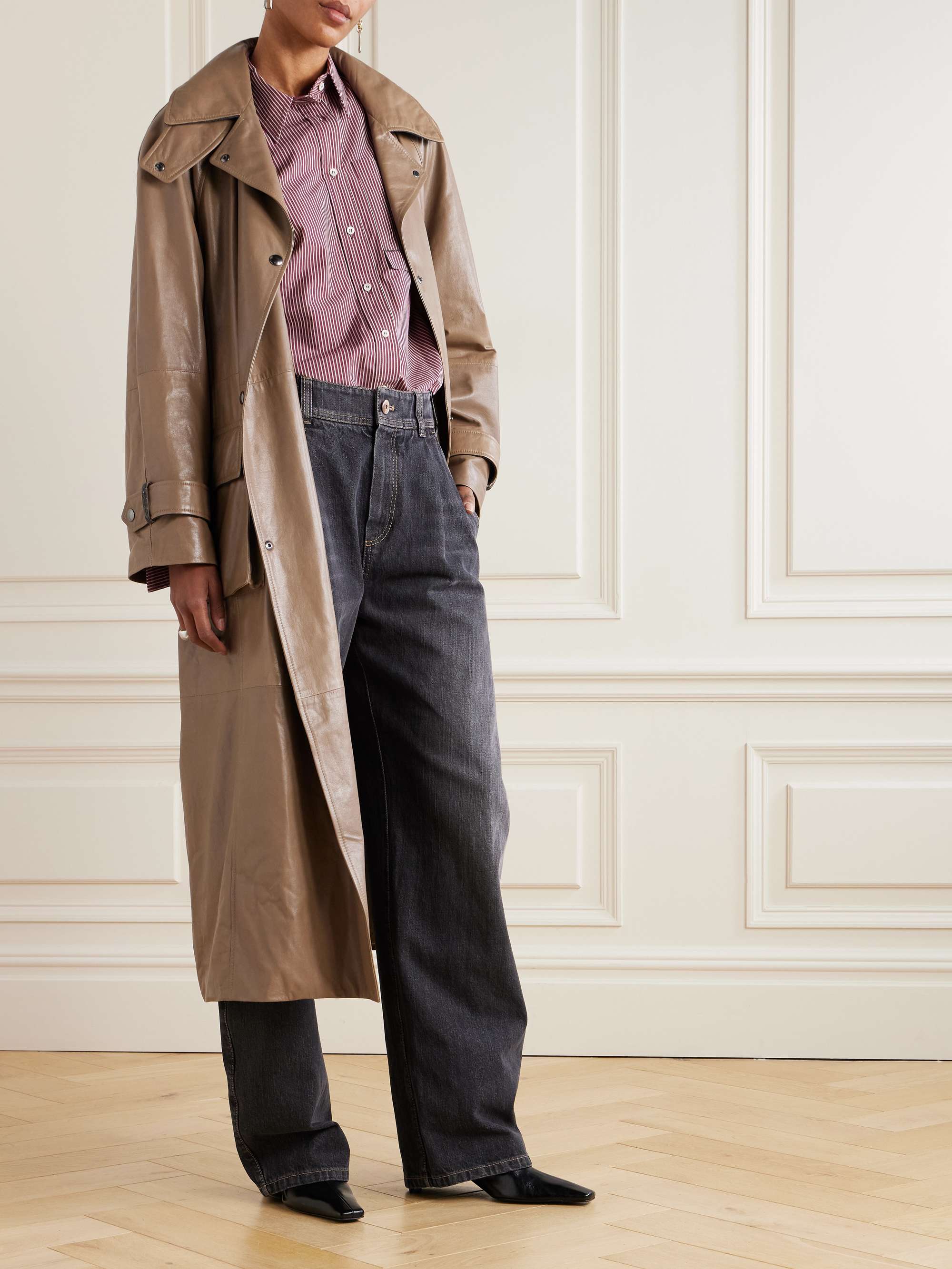 Bead-embellished belted double-breasted leather trench coat view