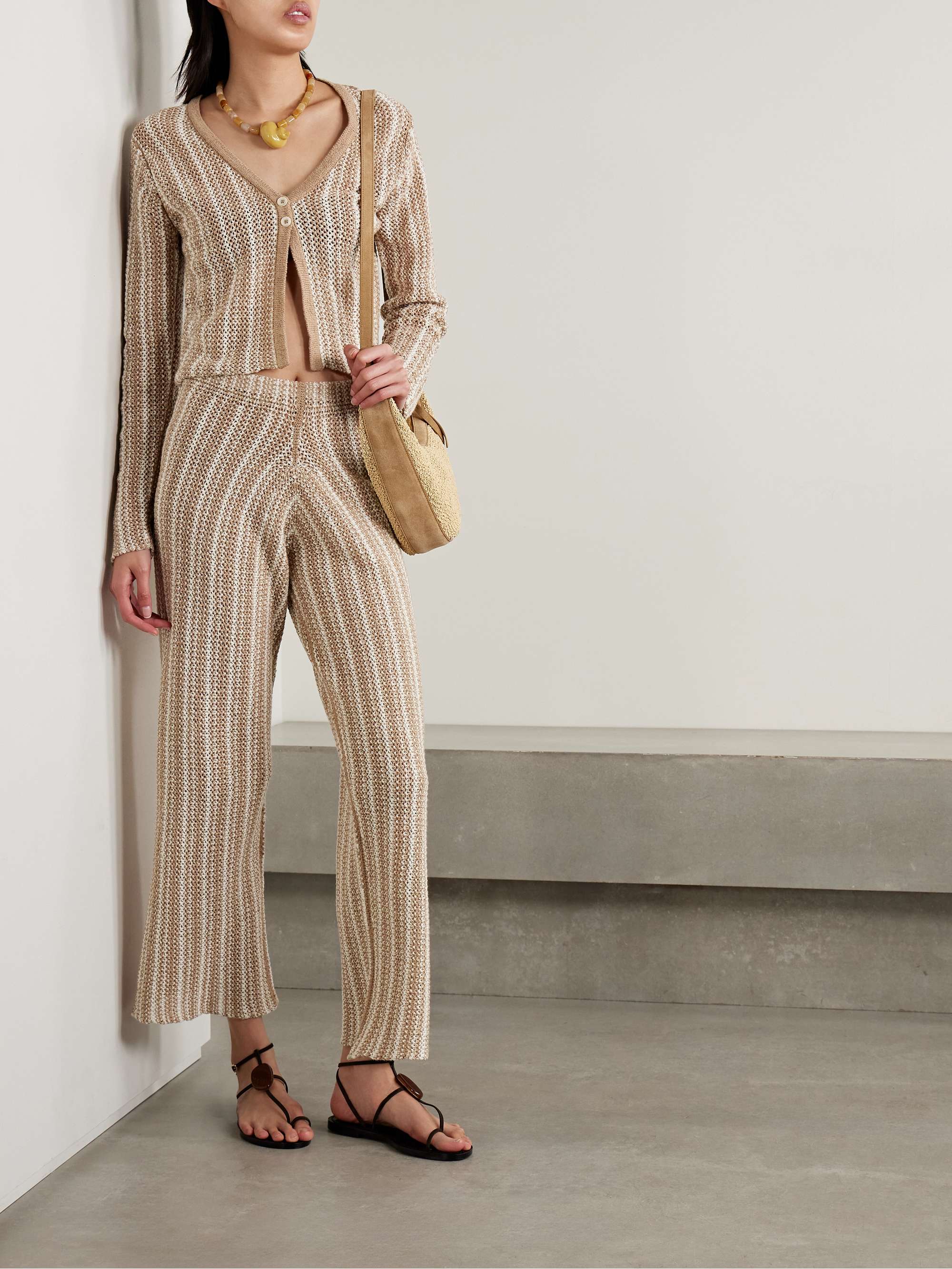 Striped crocheted cotton straight-leg pants view