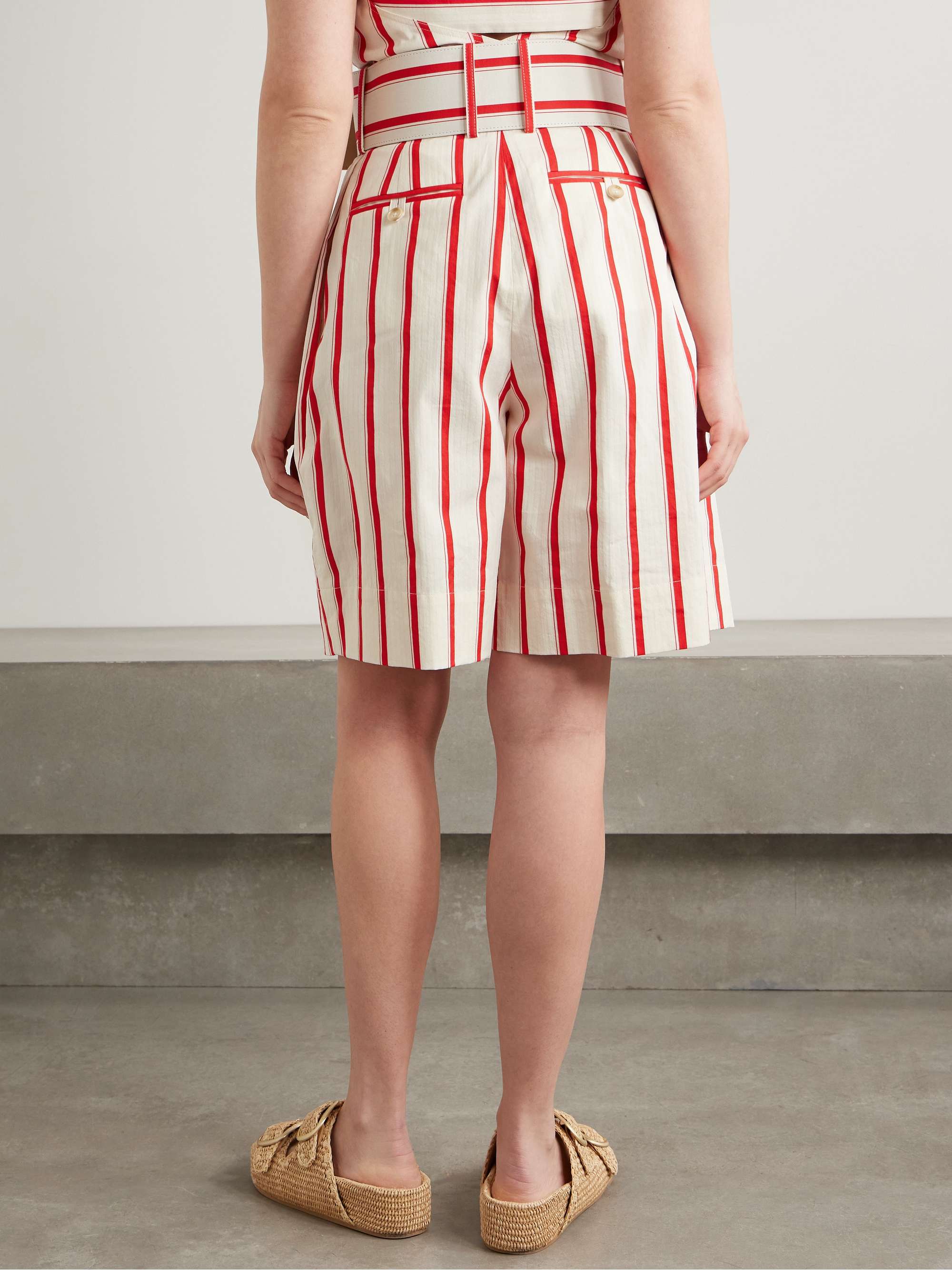 Belted pleated striped herringbone cotton-blend shorts view
