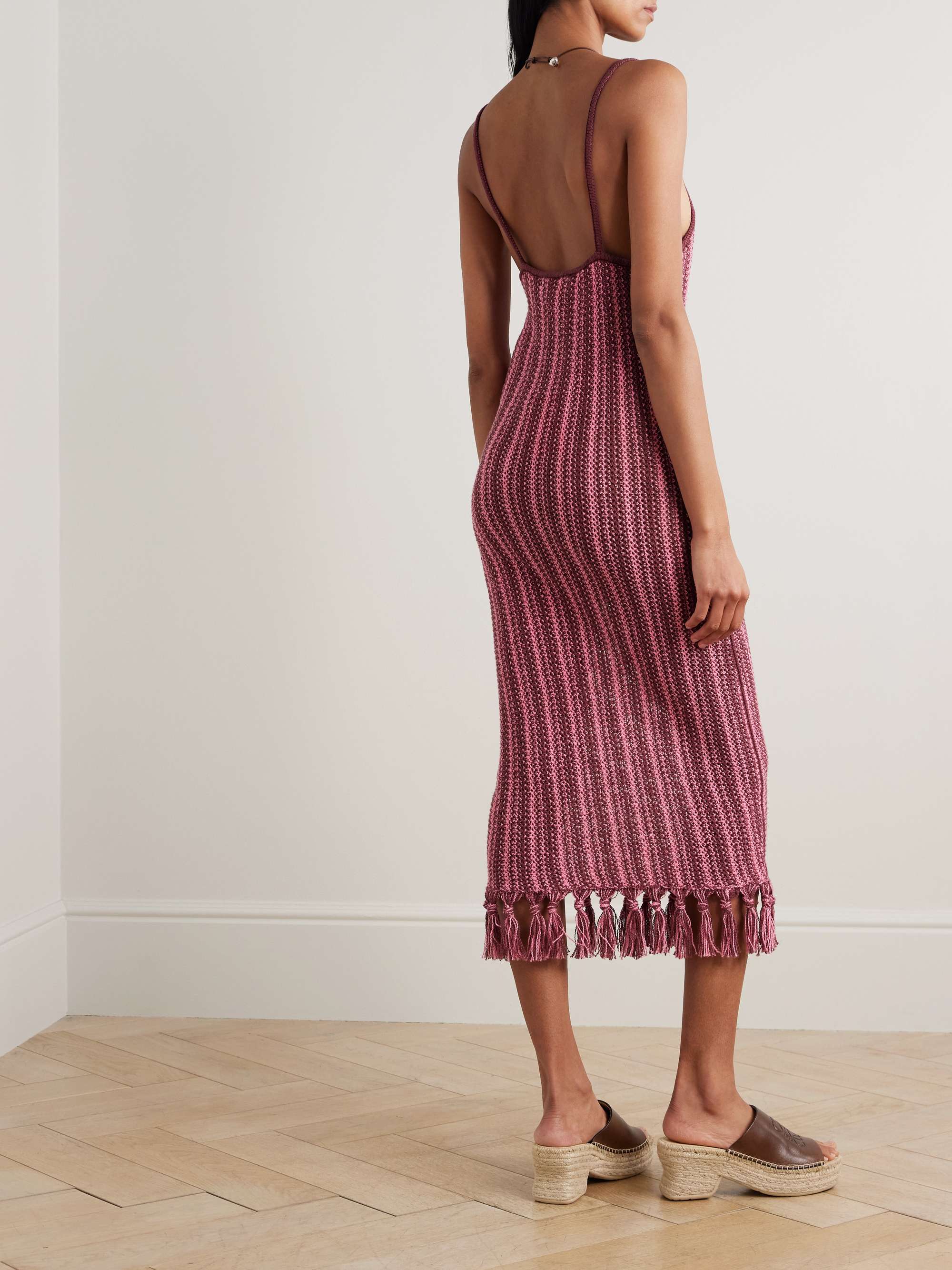 Fringed striped open-knit cotton midi dress view