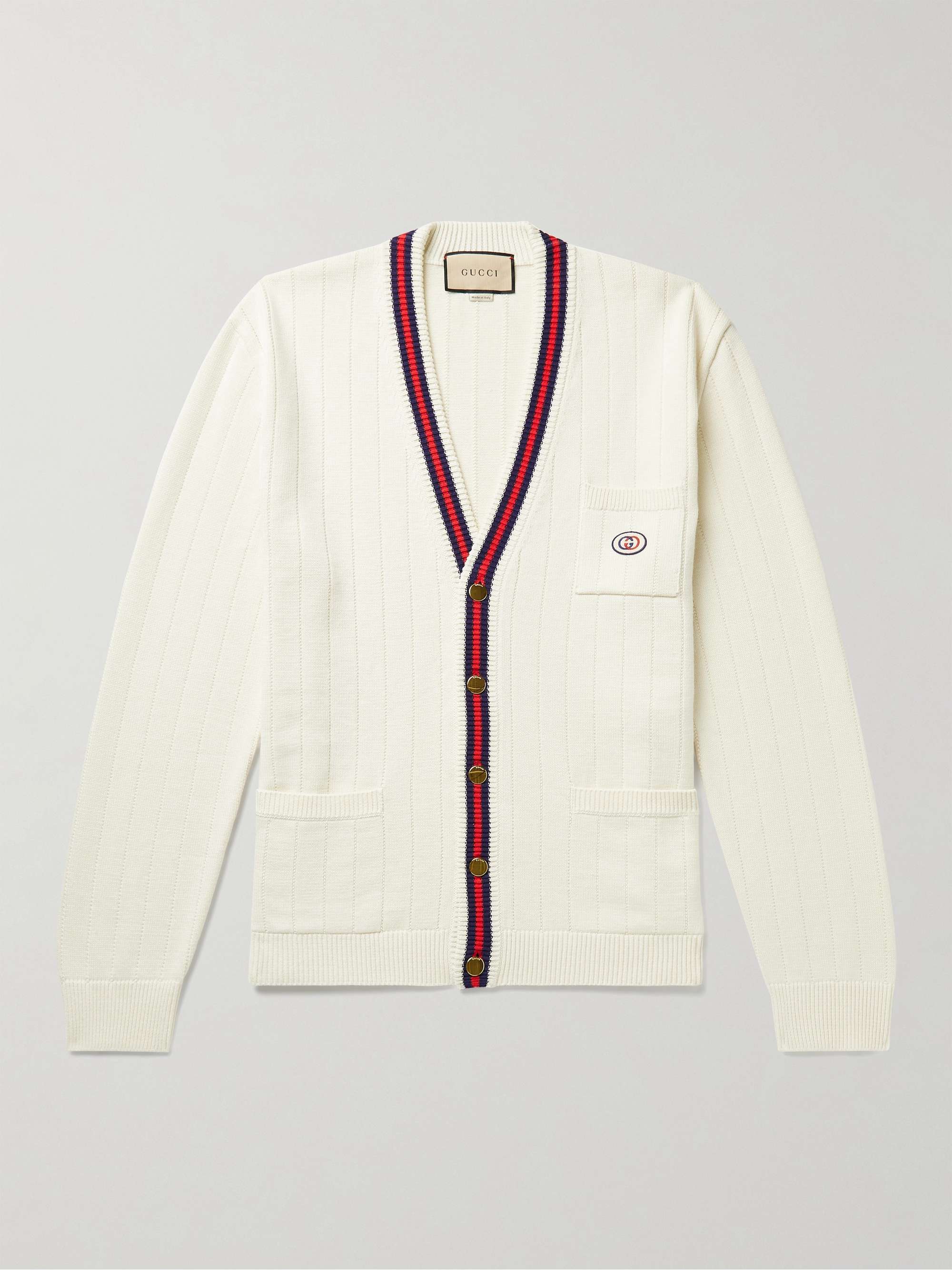 Logo-Appliquéd Striped Ribbed Cotton Cardigan view