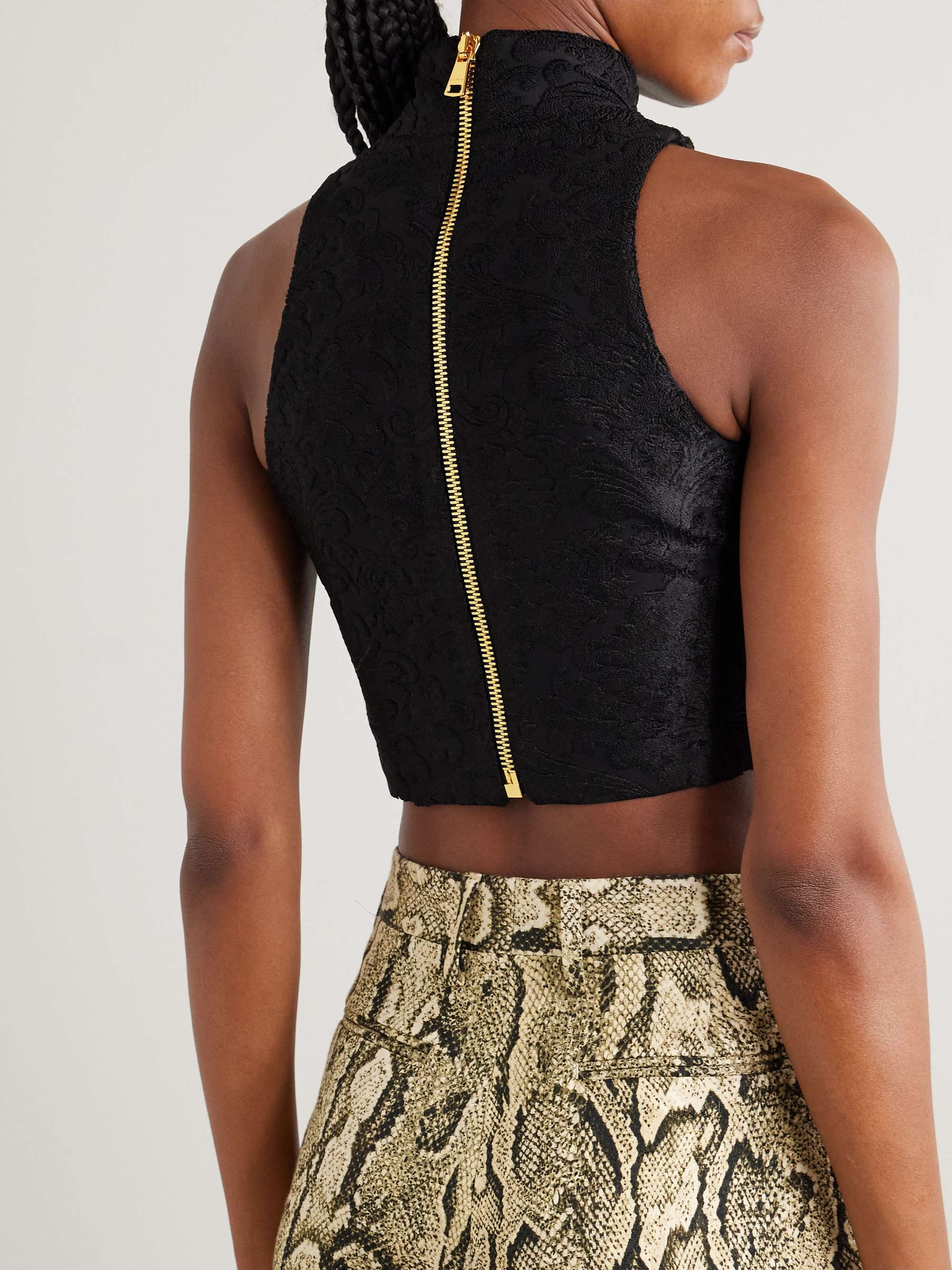 Cropped button-embellished jacquard top view