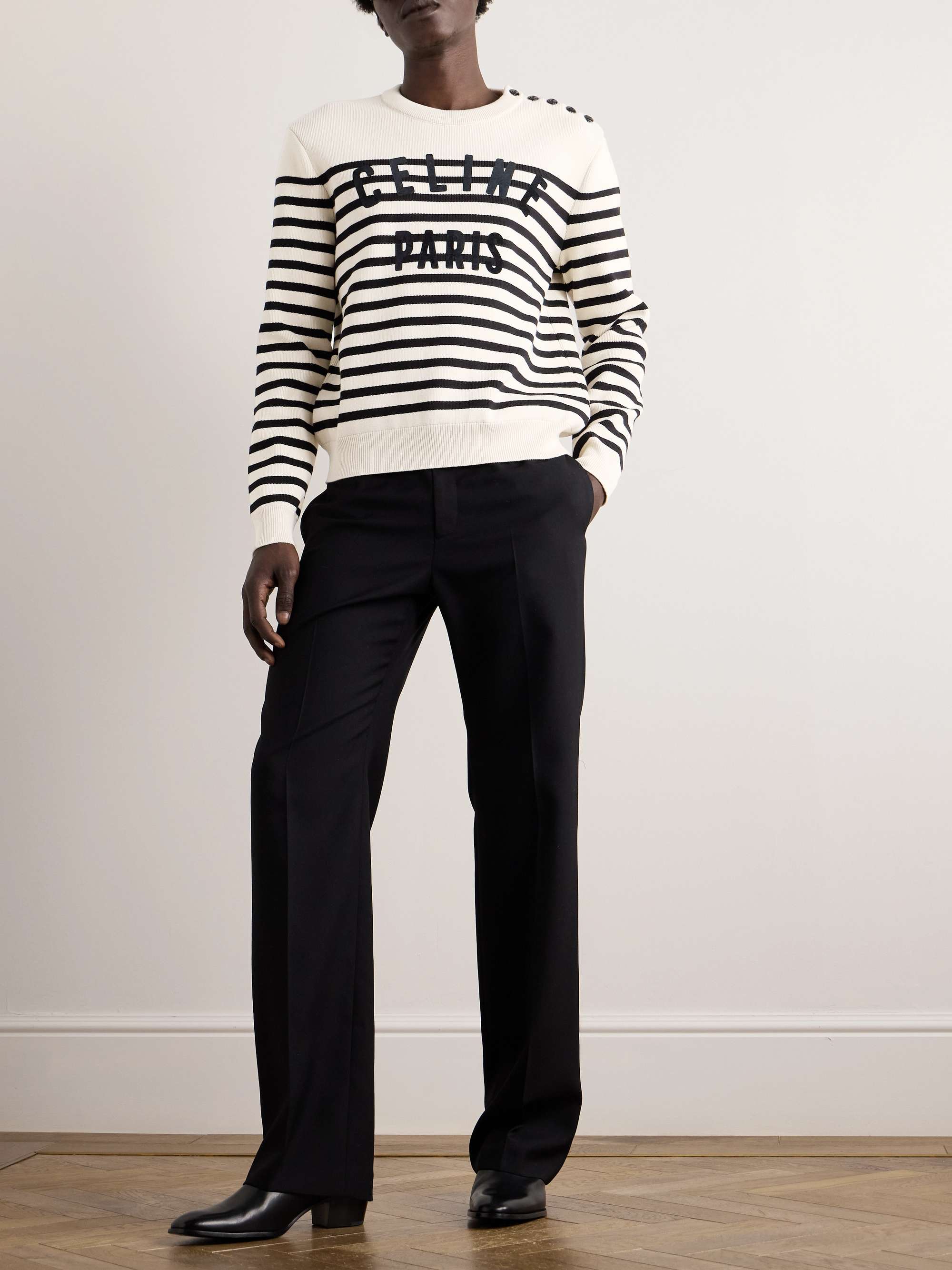 Logo-Flocked Striped Button-Embellished Cotton Sweater view