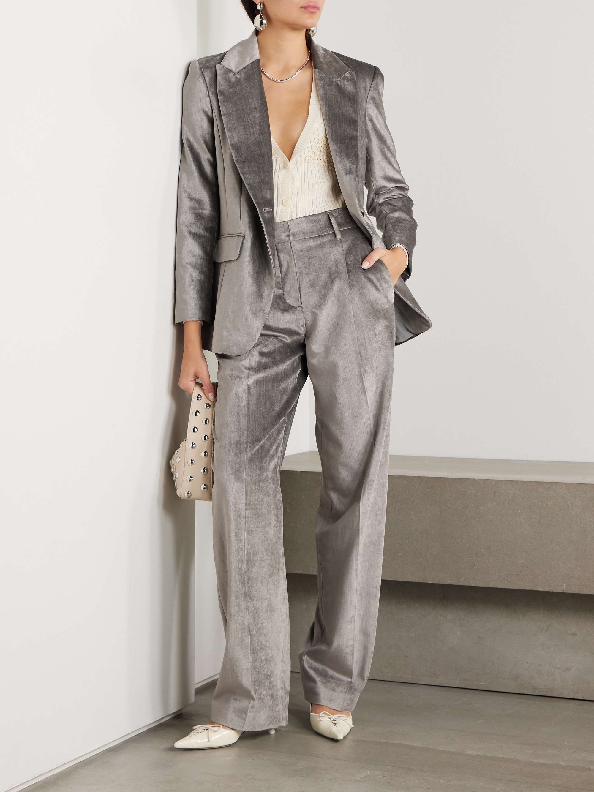 Pleated cotton-blend velvet wide-leg pants view