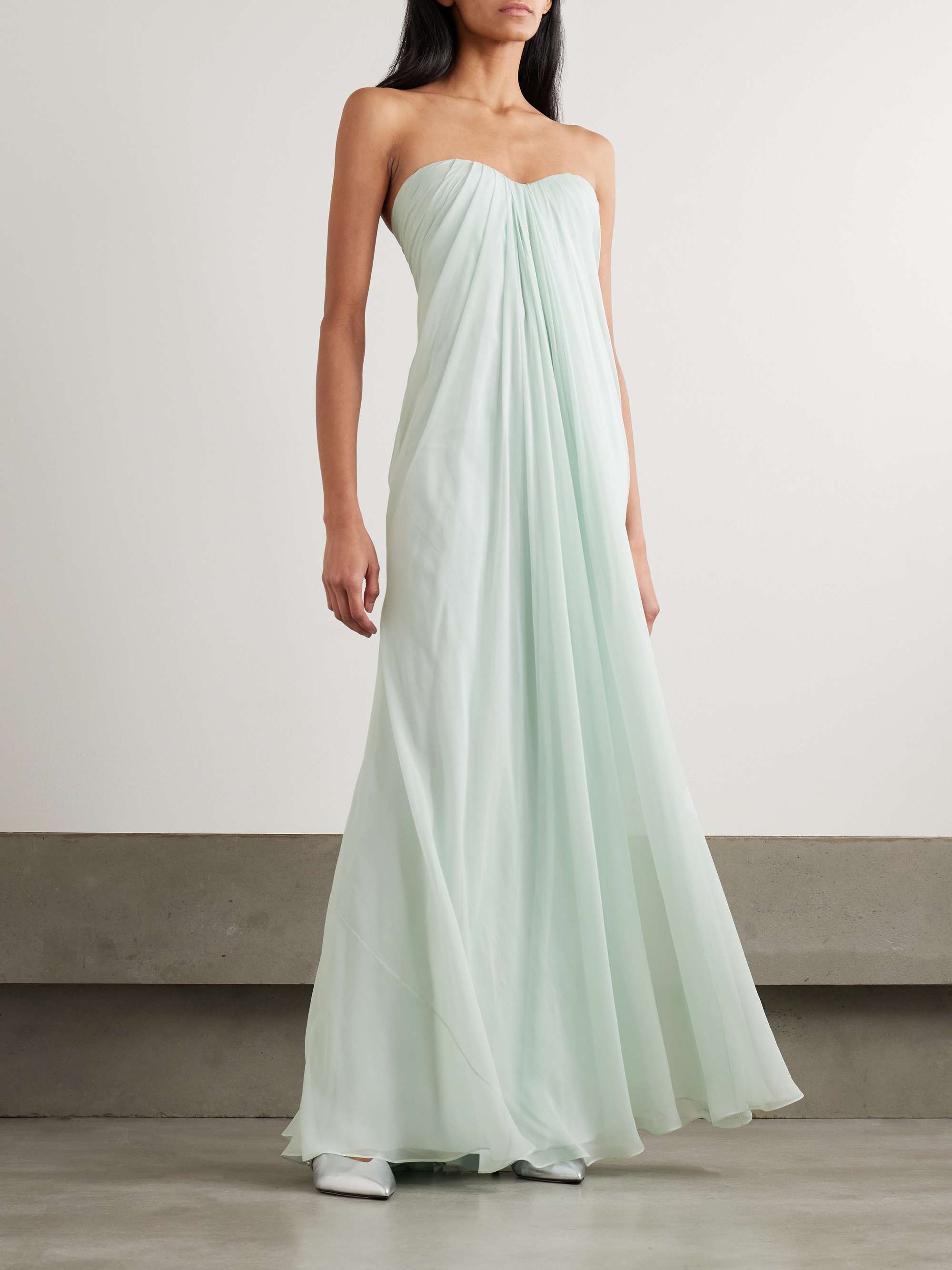 Strapless draped silk-chiffon bustier gown view