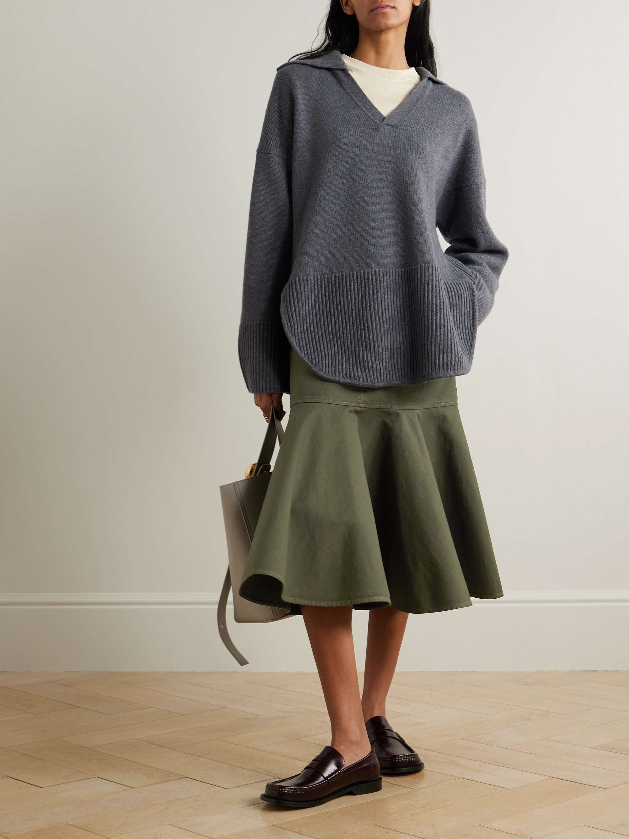 Ruffled leather-trimmed cotton-twill midi skirt view
