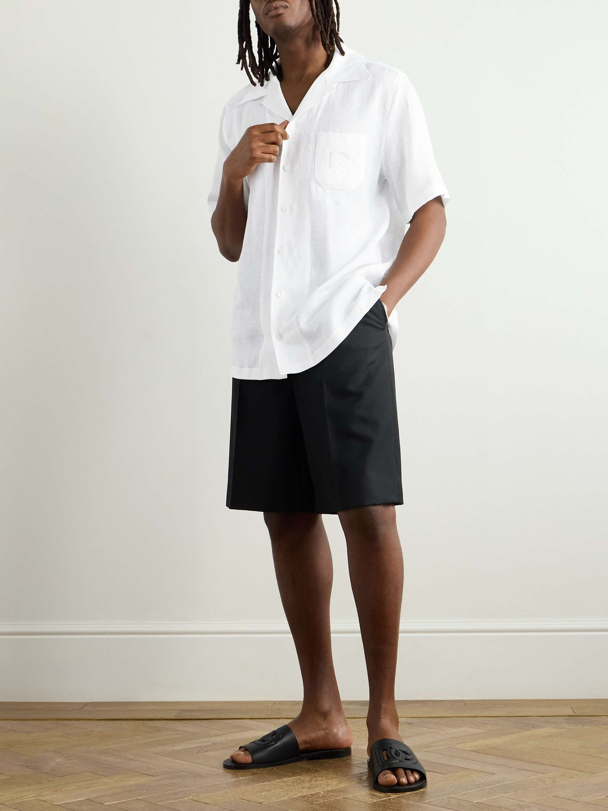 Camp-Collar Logo-Embroidered Linen Shirt view