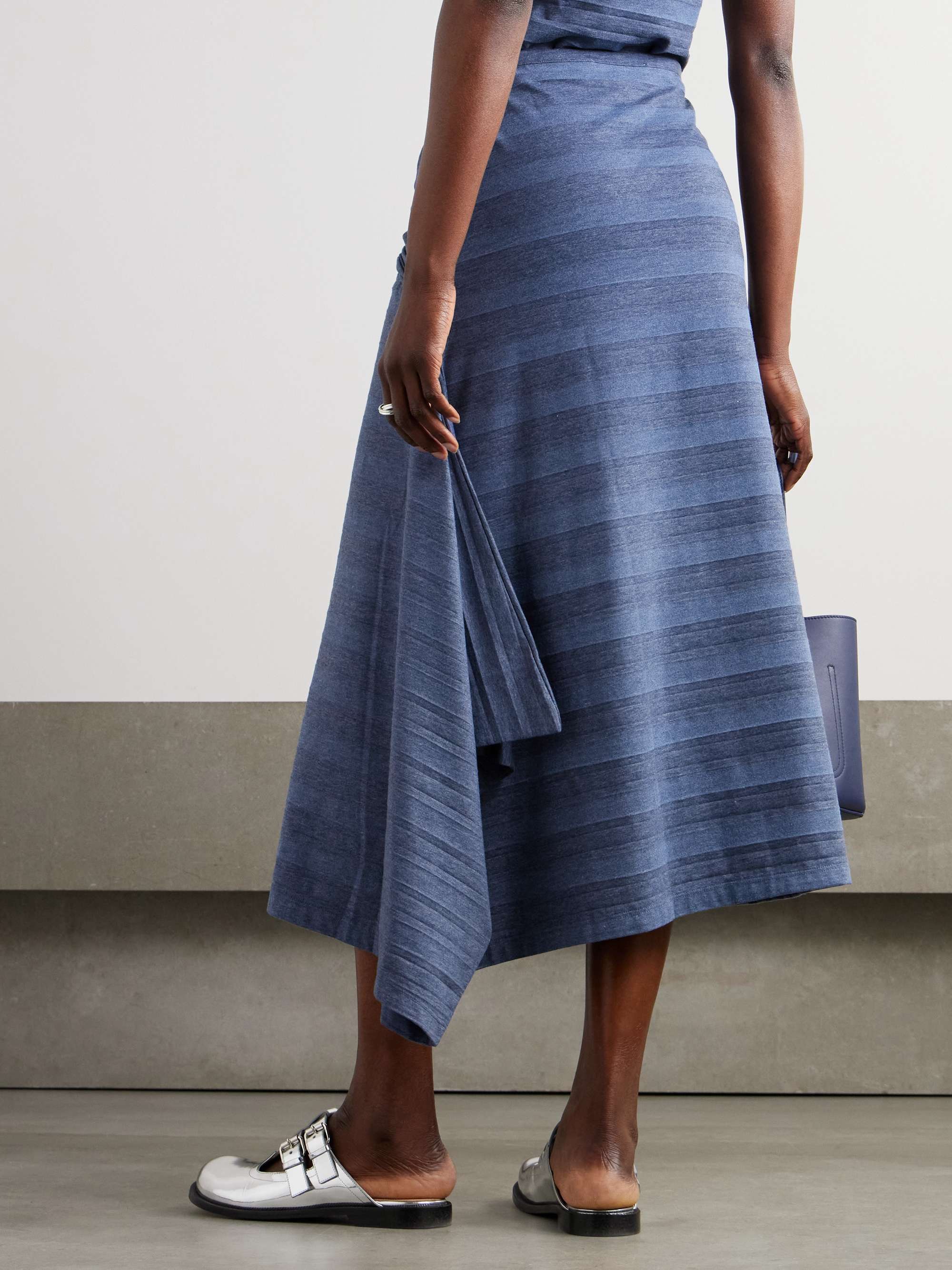 Sash convertible asymmetric twist-front striped cotton-blend jersey midi skirt view