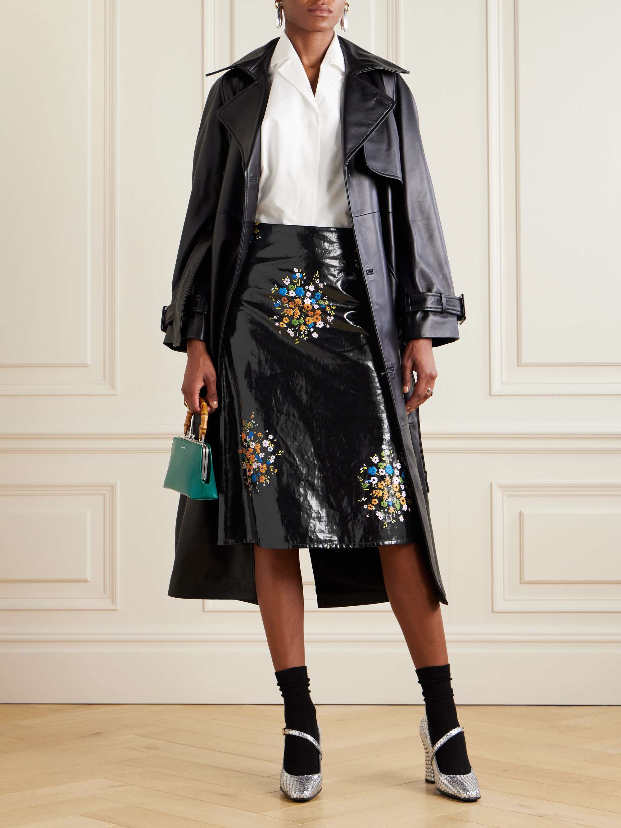 Floral-print coated-linen midi skirt view