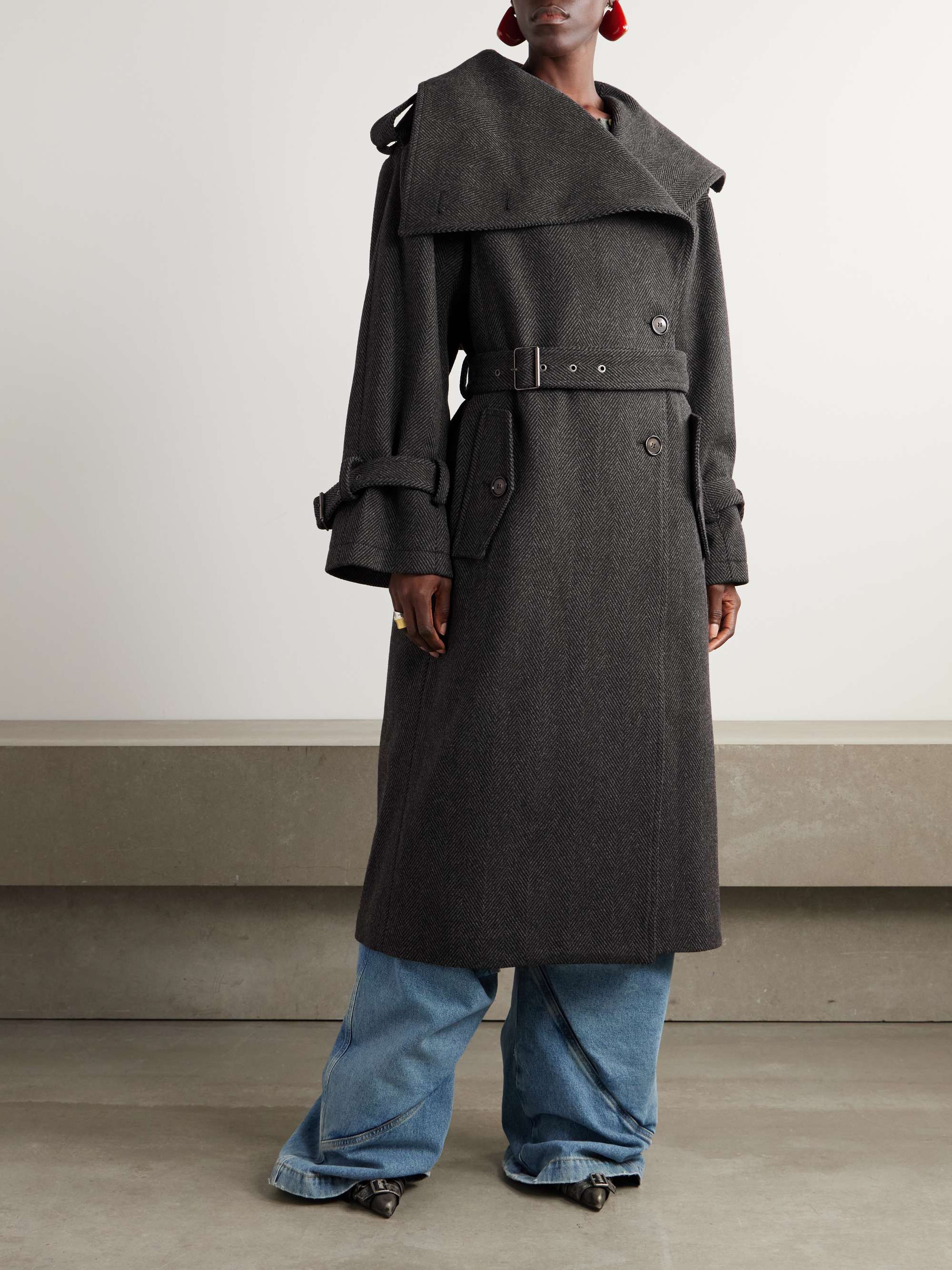 Oversized belted herringbone wool-blend coat view