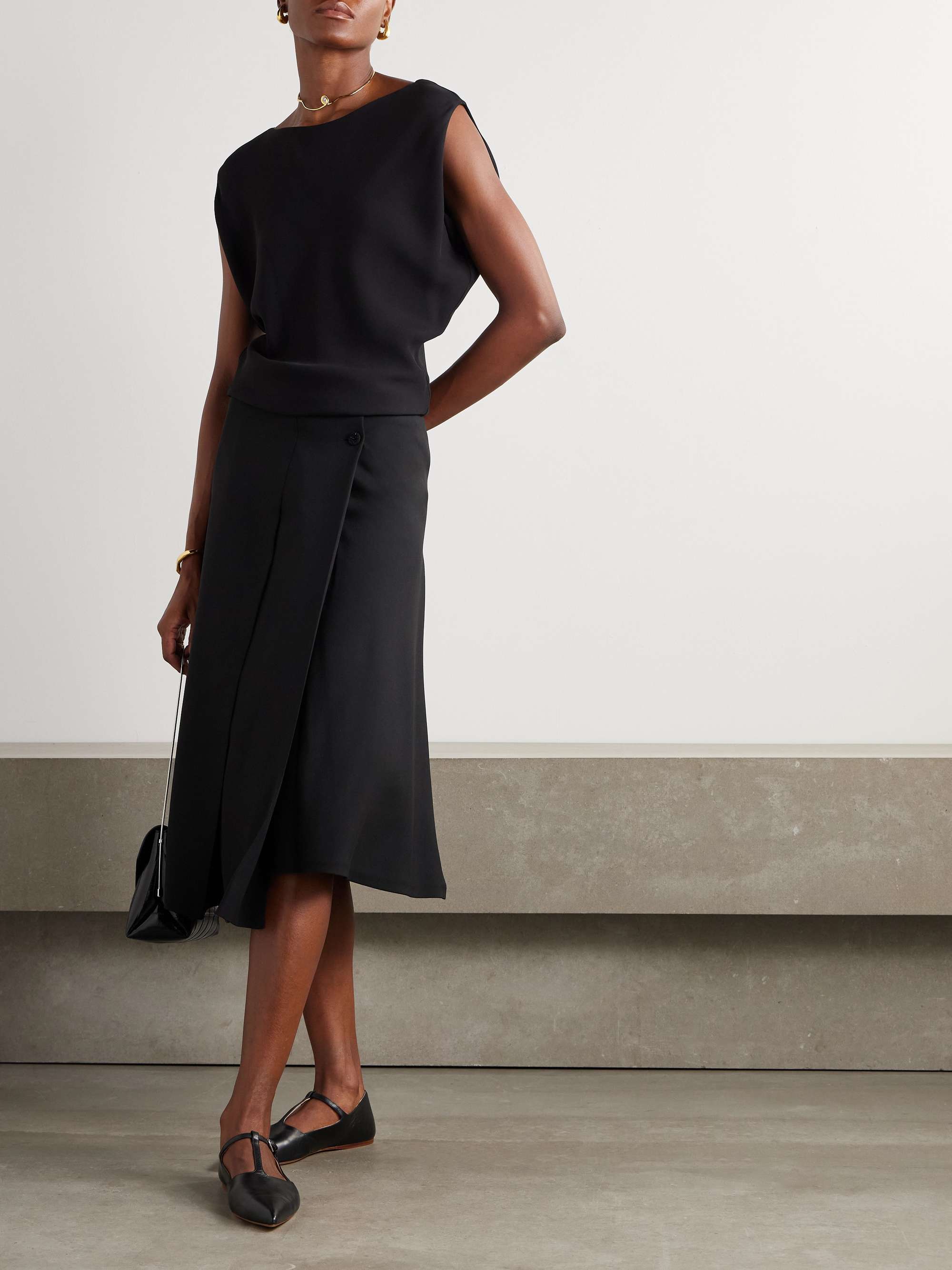 Alida bead-embellished pleated silk crepe de chine midi wrap skirt view