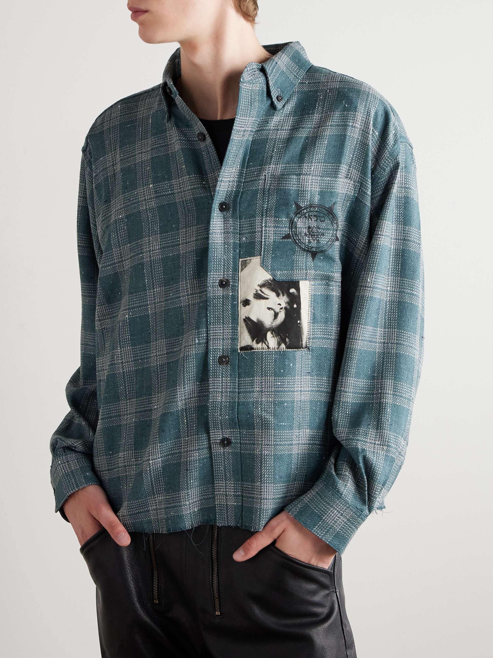 Button-Down Collar Frayed Appliquéd Printed Wool and Silk-Blend Flannel Shirt view