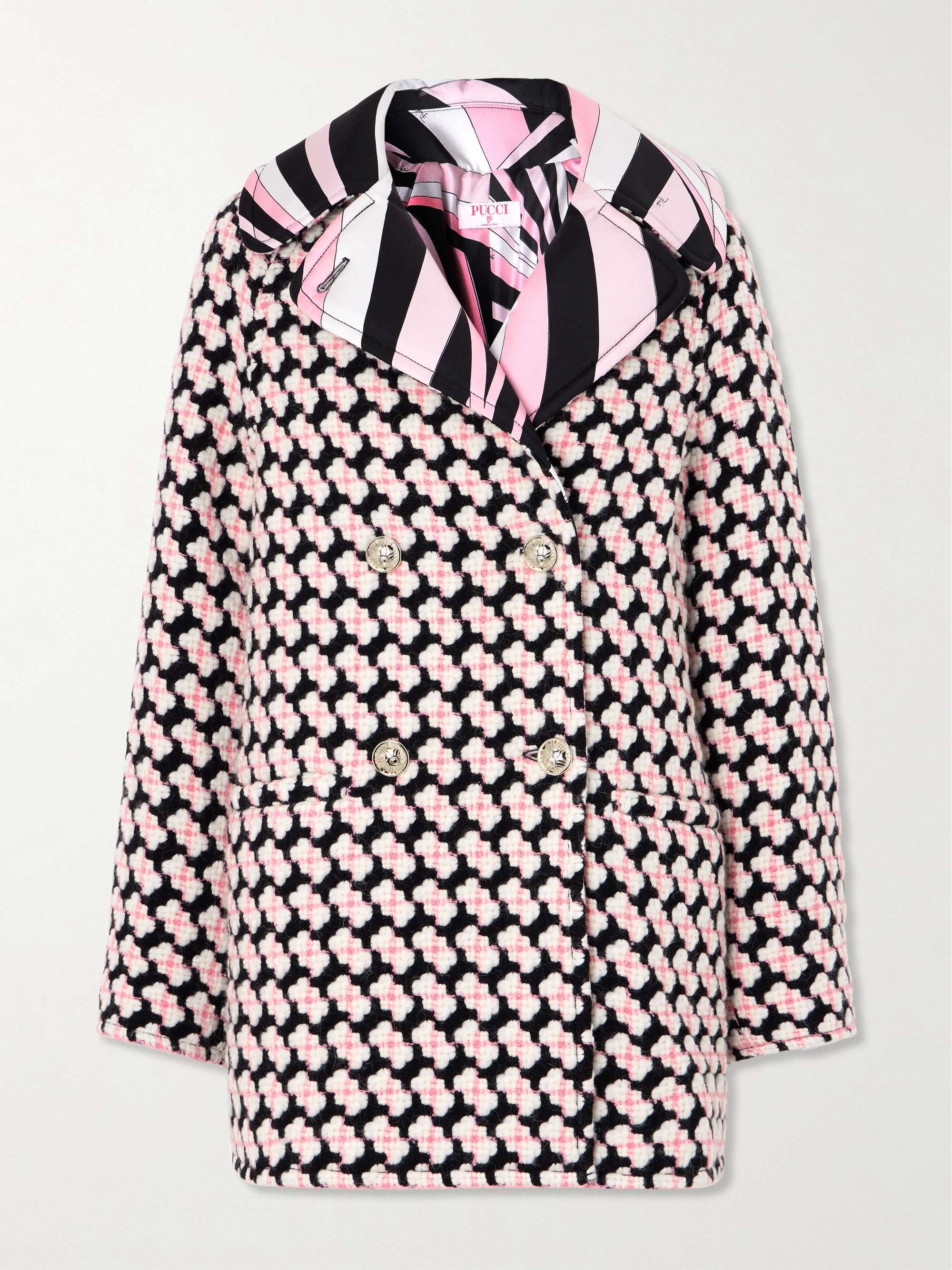 Reversible double-breasted printed silk-twill and wool-blend tweed jacket view