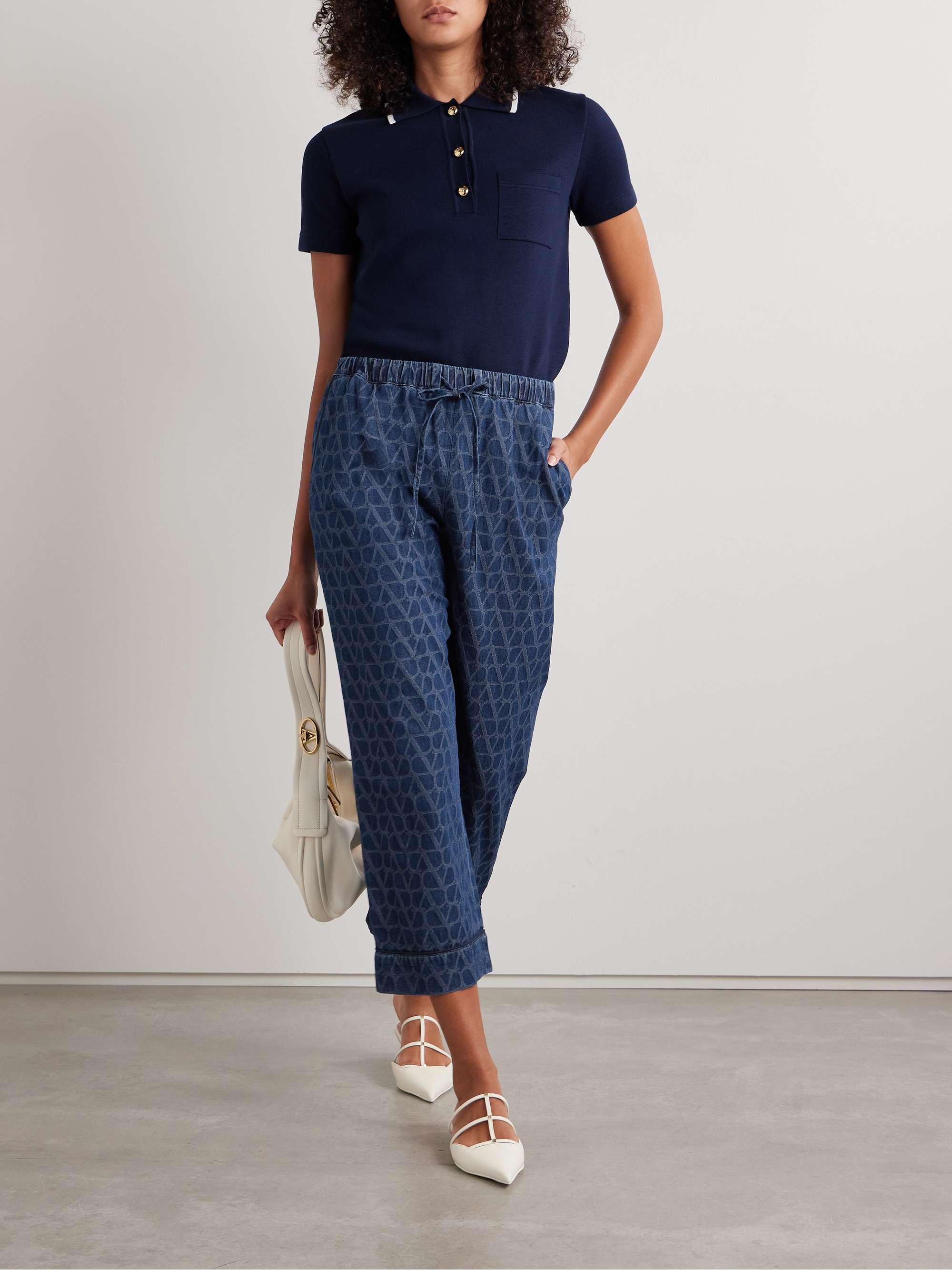 Cropped denim-jacquard wide-leg pants view