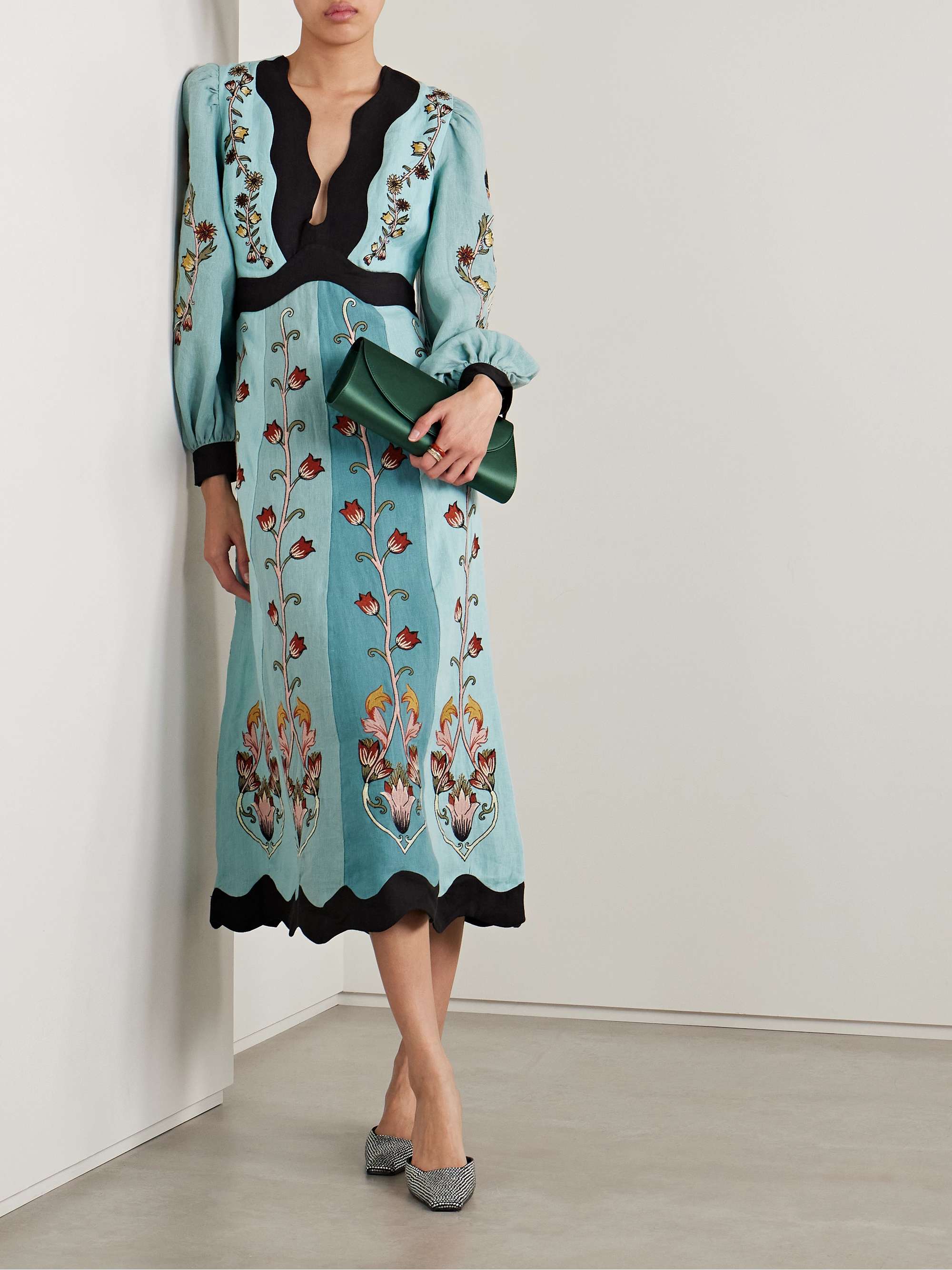 Open-back paneled embroidered linen midi dress view