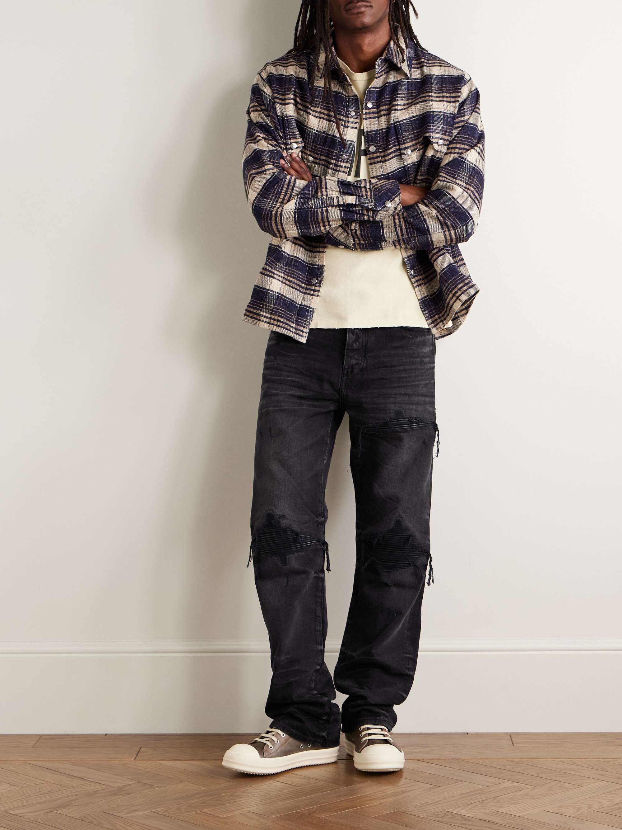 MX1 Straight-Leg Leather-Panelled Distressed Jeans view