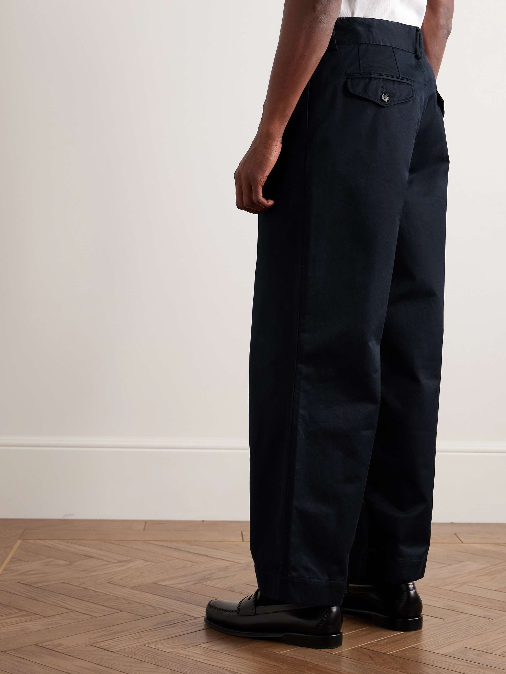 Wide-Leg Pleated Cotton-Twill Trousers view