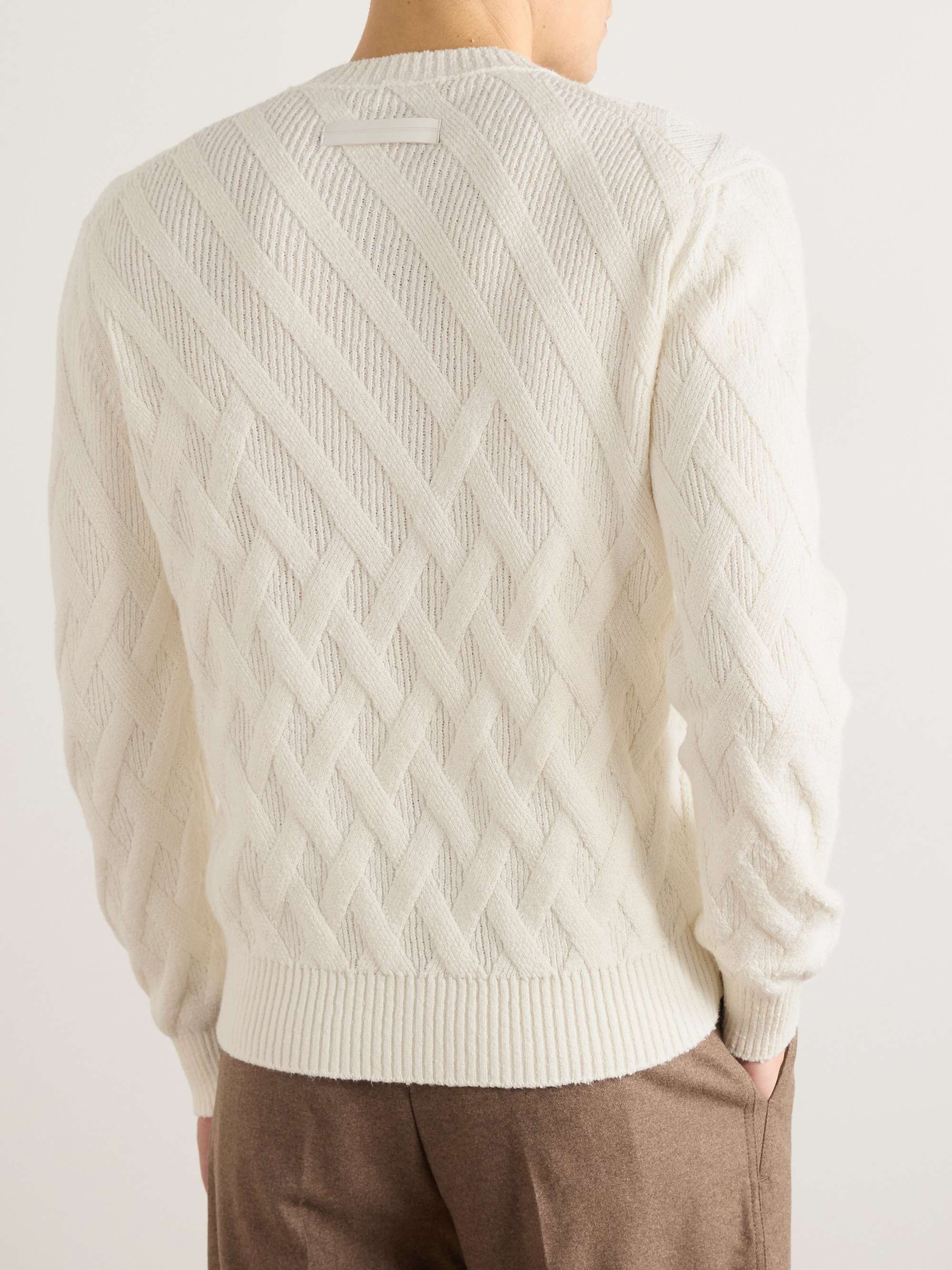 Logo-Appliquéd Leather-Trimmed Basketweave Cotton Sweater view