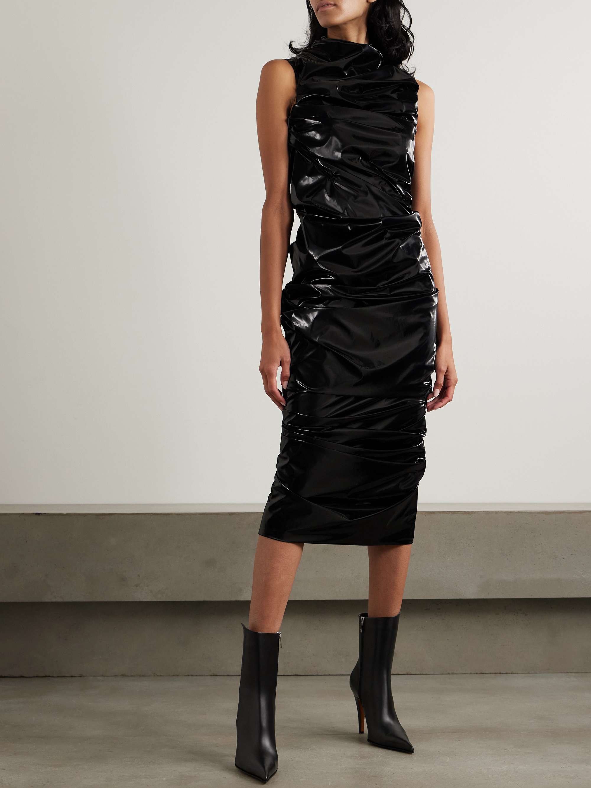 Ruched PU-coated crepe midi dress view